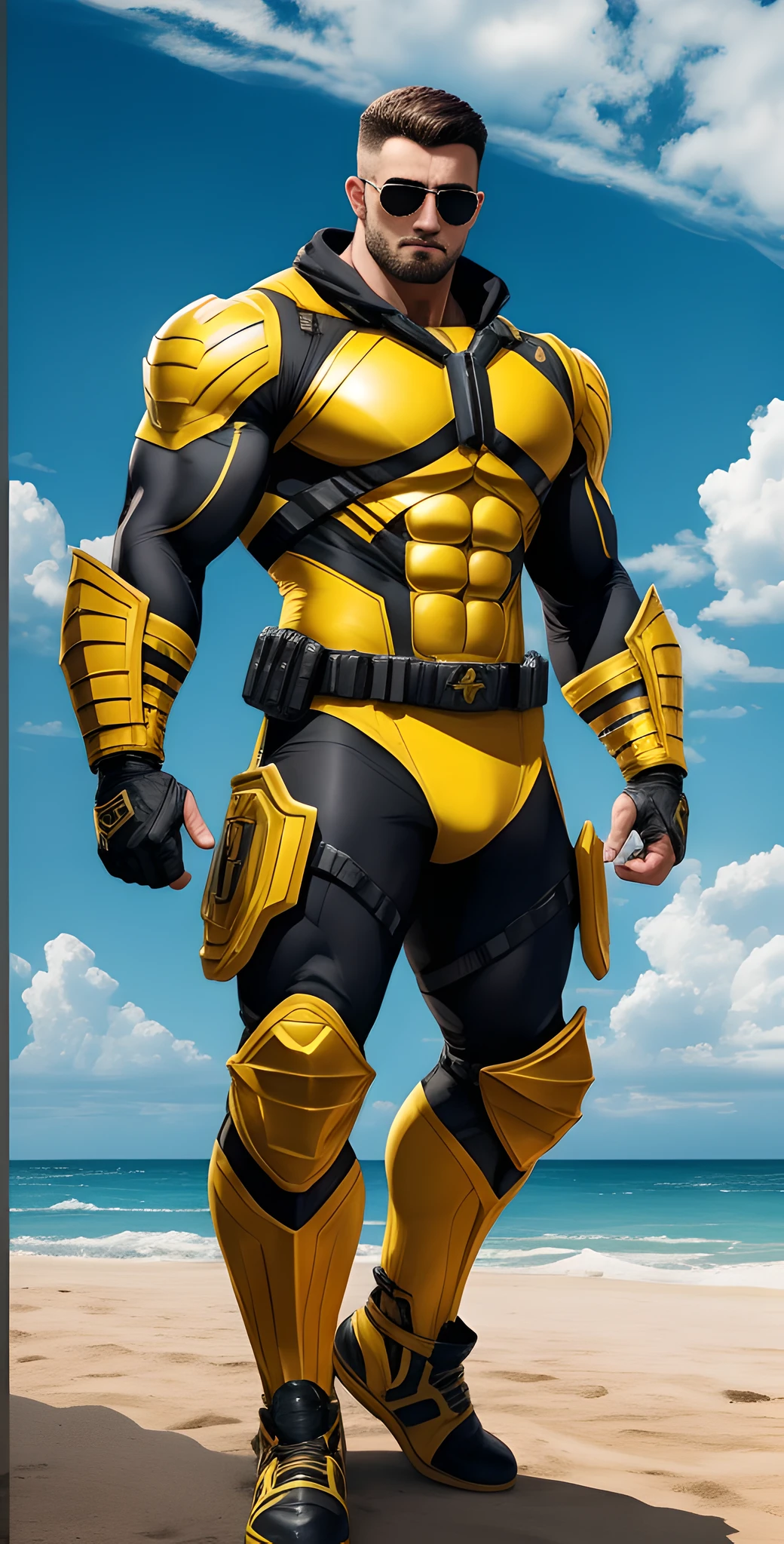 Arad man in yellow and black clothes standing on sunny beach, muscular male hero, round head, Buzz Cut, conceptual art like Ernest Khalimov, heroic male pose, muscular! Wearing black sunglasses, stealth suit, super buff and cool, high resolution committee, Chris Redfield, Jigachard muscle, Ernest halimov body, character design police, black military boots, charismatic strong male with armor