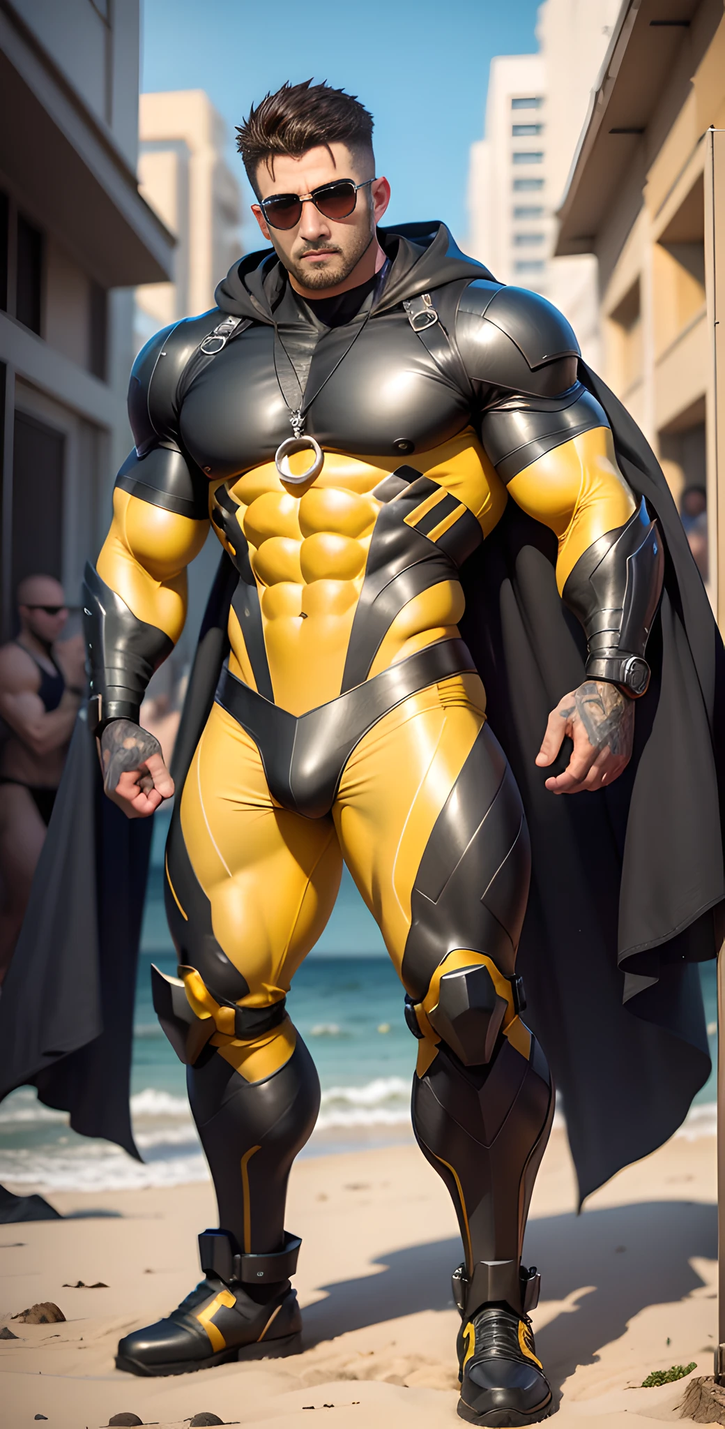 Arad man in yellow and black clothes standing on sunny beach, muscular male hero, conceptual art like Ernest Khalimov, heroic male pose, muscular! Wearing black sunglasses, round head Buzz Cut, cyberpunk, stealth suit, super buff and cool, high resolution committee, Chris Redfield, Jigachard muscle, Ernest Khalimov body, character design police, black military boots, charismatic strong male with armor