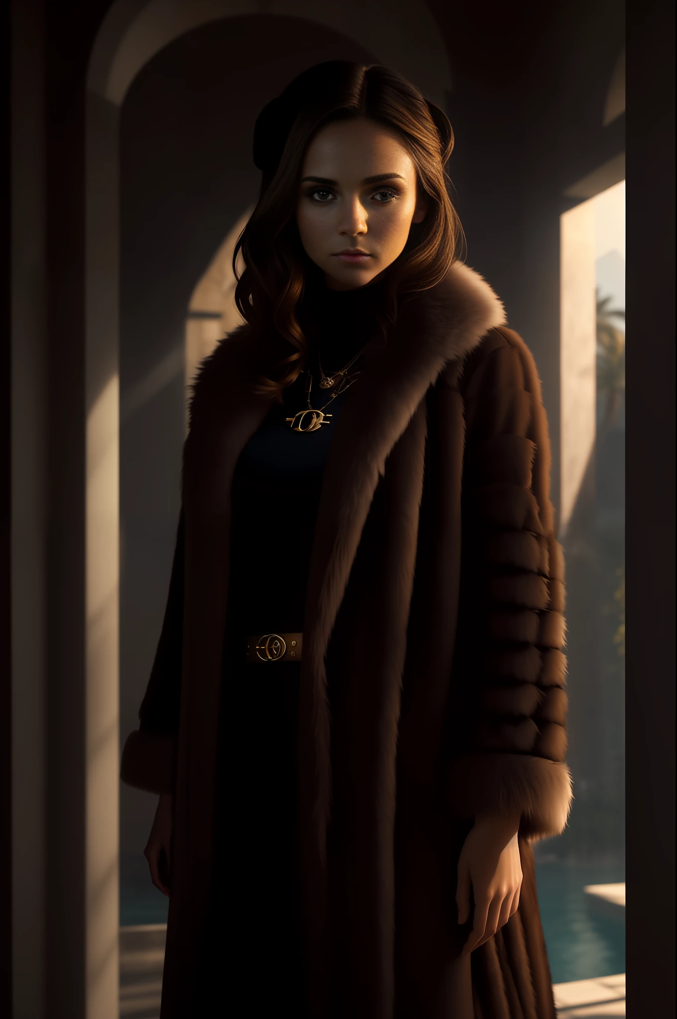 lomo style, award winning portrait, (Nina Dobrev:1.1), wearing Fur coat, Mediterranean villa, volumetric lighting, raining hyperdetailed, 8k realistic, symmetrical, global illumination, radiant light, frostbite 3 engine, (cryengine:1.19), dof, trending on artstation, digital art, chanel, dior, fantasy background