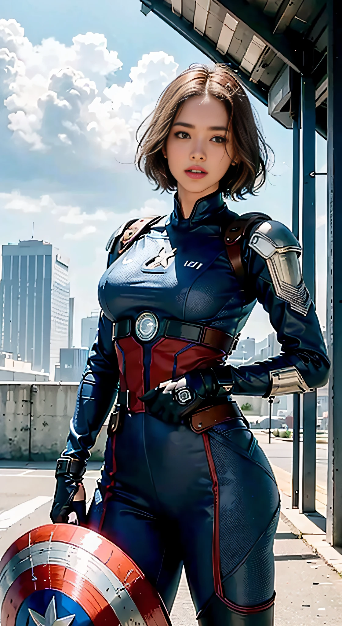 (1girl:1.3), solo, __body-parts__, official art, unified 8k wallpaper, super detailed, beautiful and aesthetic, beautiful, masterpiece, best quality, raw, masterpiece, super fine photo, best quality, super high resolution, photorealistic realism, sunlight, full-body portrait, amazing beauty, dynamic pose, delicate face, vibrant eyes, (from the front), she wears a futuristic Captain America jersey, blue color scheme, (holding a shield), A capital A on chest, very detailed abandoned warehouse background, detailed face, detailed complex busy background, messy, gorgeous, milky white, highly detailed skin, realistic skin details, visible pores, sharp focus, volumetric fog, 8k uhd, DSLR camera, high quality, film grain, fair skin, photo realism, lomography, huge metropolis in future dystopia, seen from below, translucent