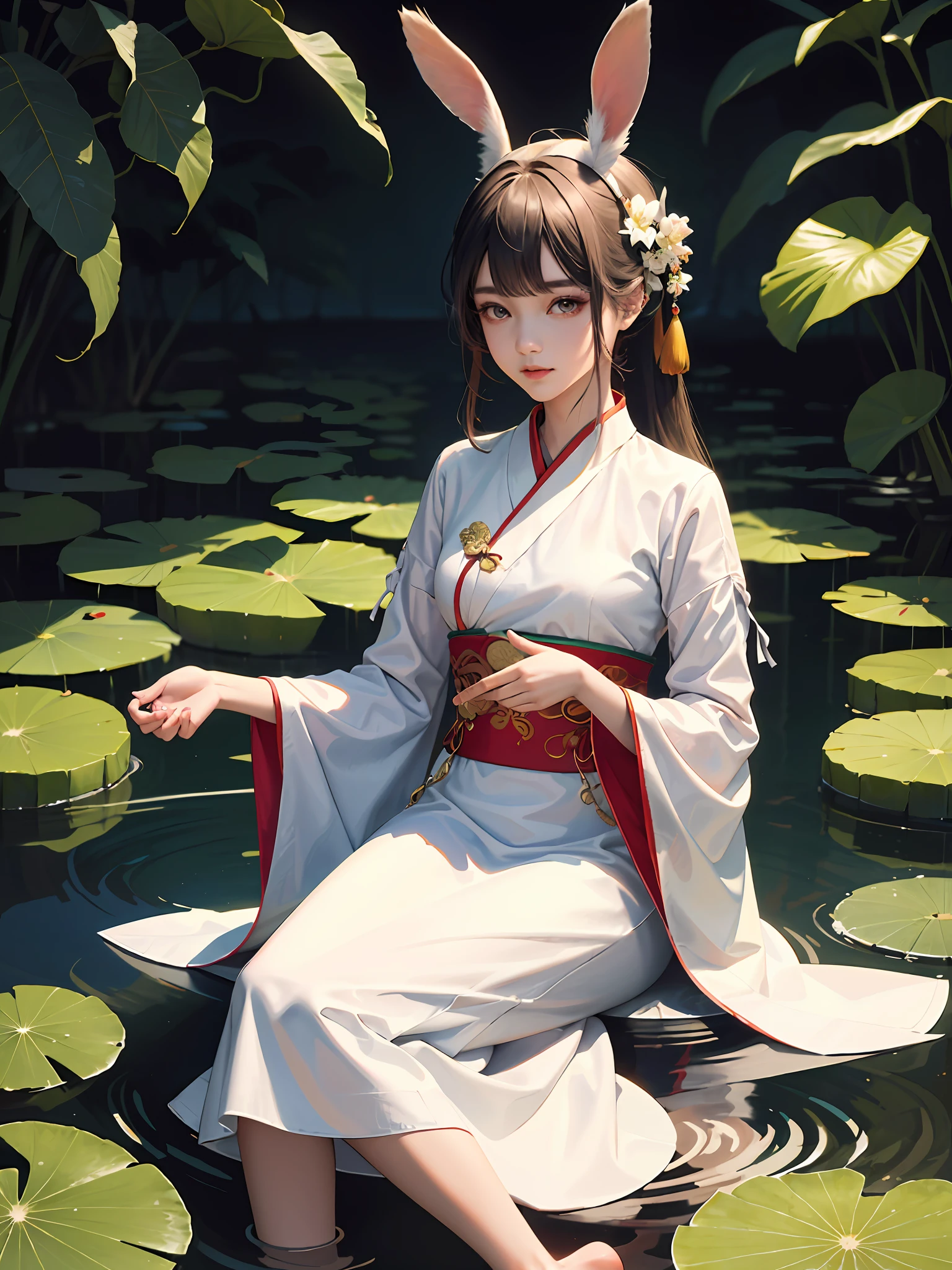 Absurd, high resolution, super detailed, (1 girl: 1.3), hand drawn, simple lines, girl in colorful Chinese hanfu, long skirt, beautiful girl with rabbit ears, in lotus pond, masterpiece, sitting in water, floating clothes, floating hair, next to red-crowned crane, koi