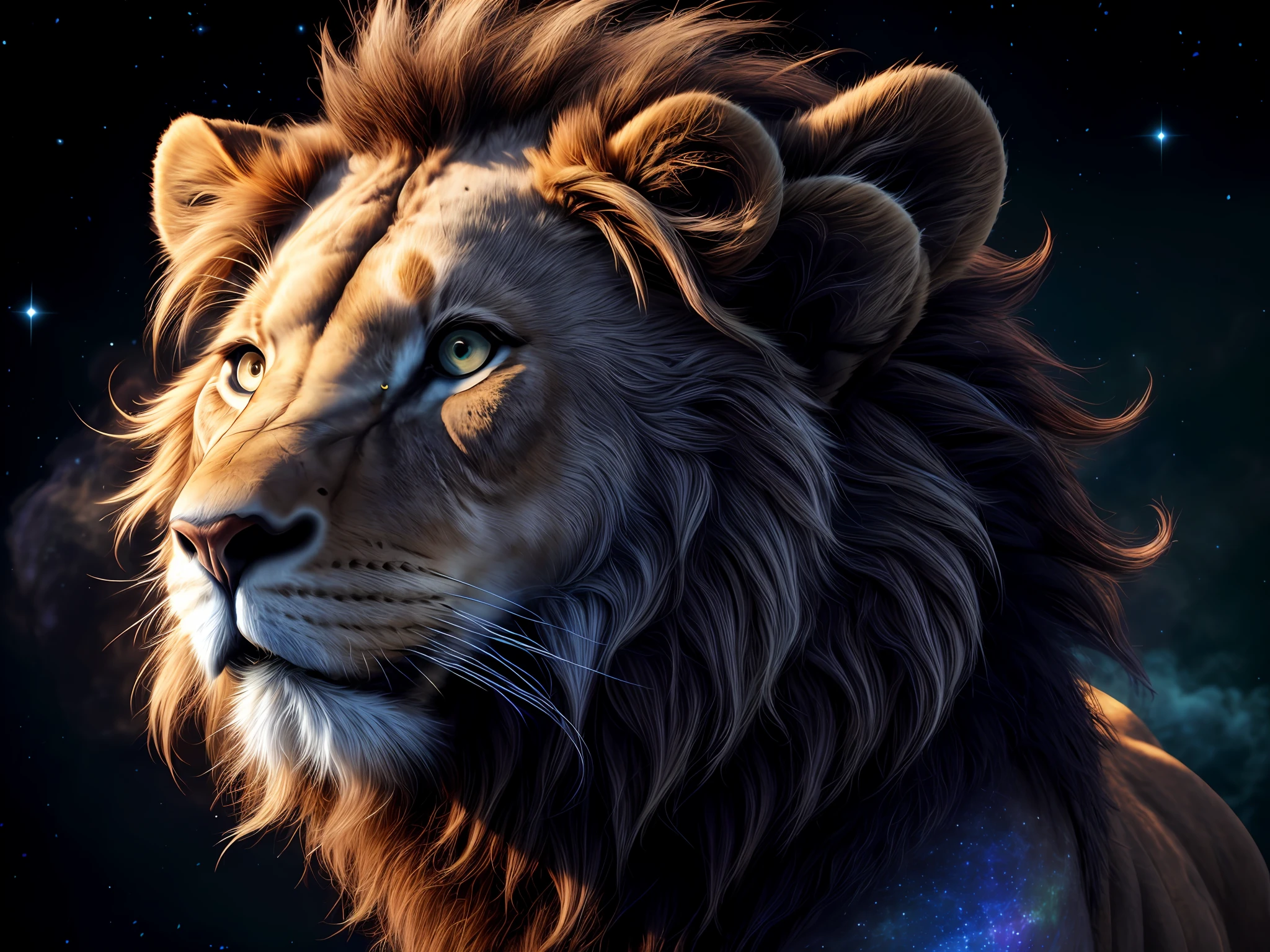 Moon, spirals, space, nebulae, stars, smoke, iridescent, intricate detail, in the shape of a lion, octane rendering, 8k