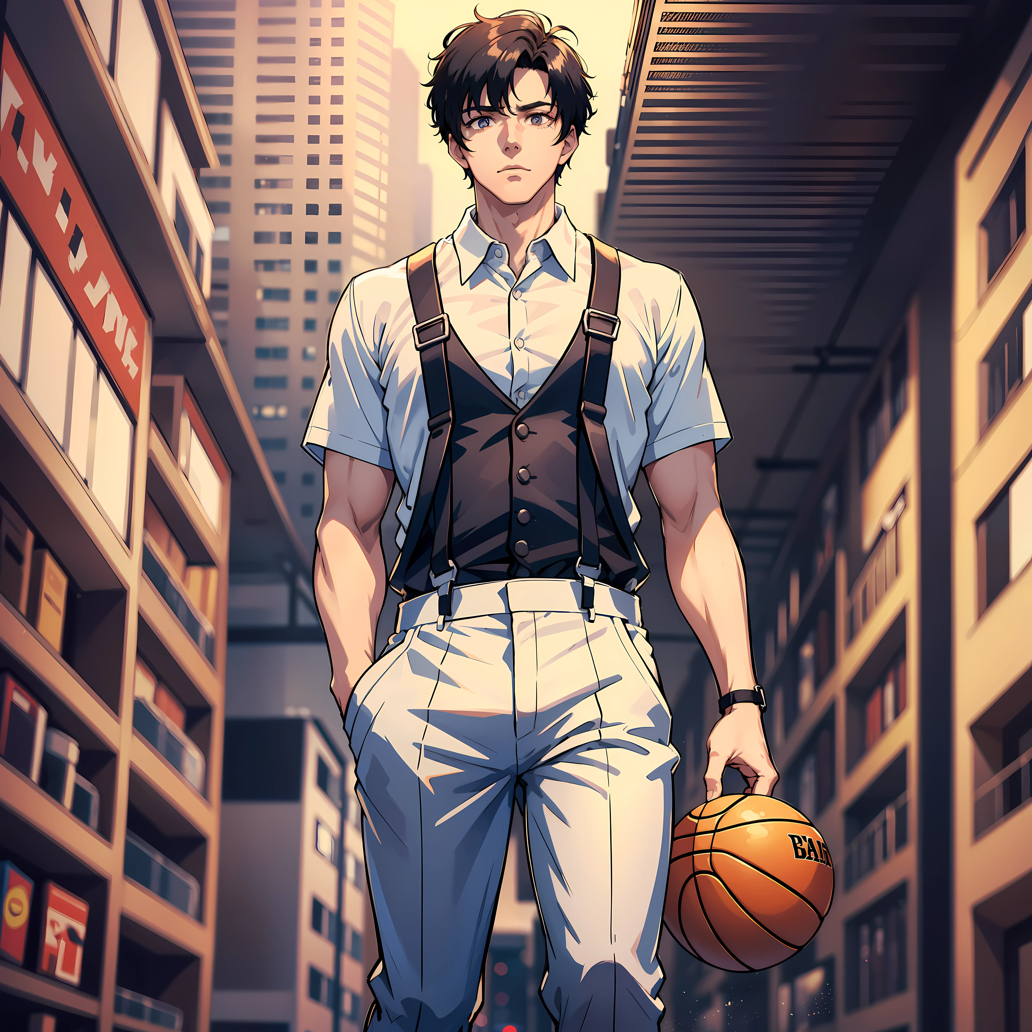 1 Man , handsome, white shirt, black hair, midpoint, blond pupils, wearing suspenders, basketball in hand, full body: 1.2, surreal