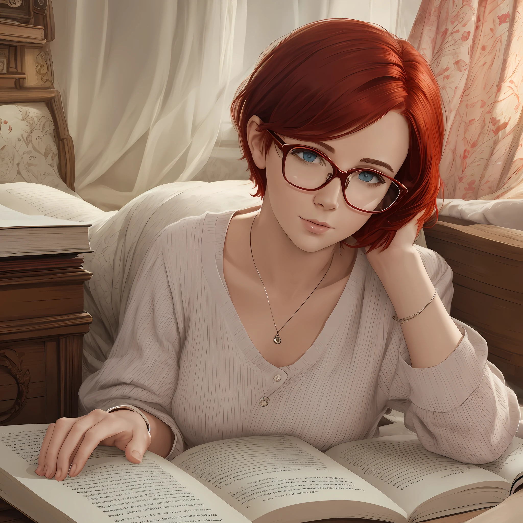 (top quality, masterpiece), book in hand, reading glasses, short red hair, a young woman lying in bed, realistic style, blurred background.