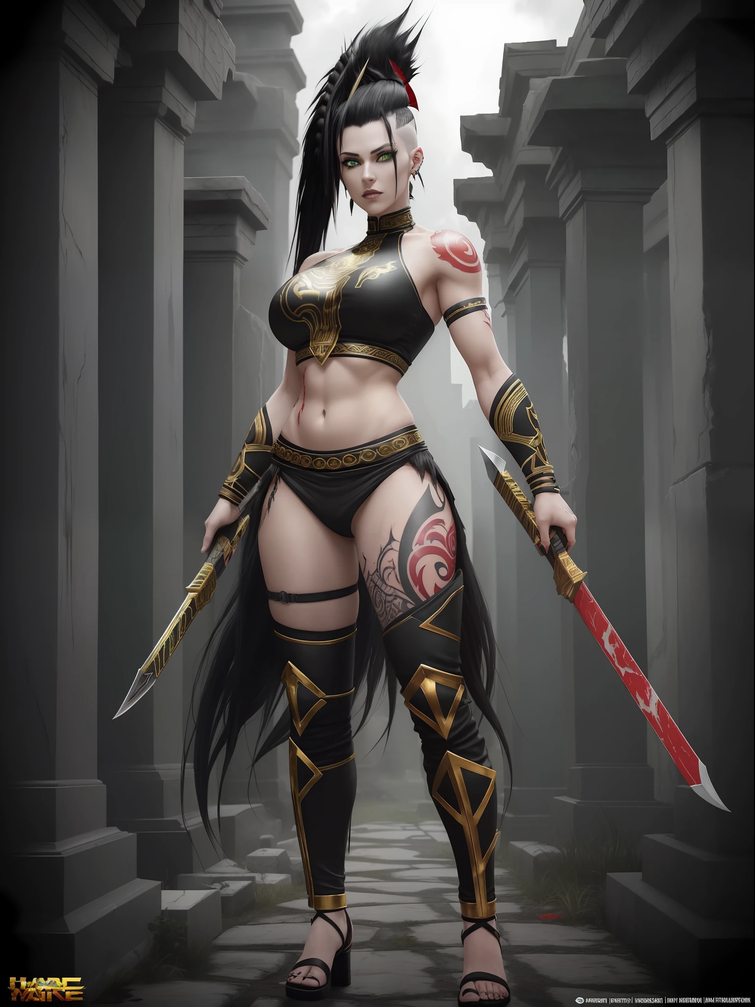 ((Full body photo, feet on the ground, straight body)), ((Laura/woman, big breasts, {black+part gold+red parts/Spartan warrior costume/extremely short and tight on body}, {very white and pale skin}, lots of tattoos on body and face)), looking at the viewer with angry eyes, smile. Background macabre marble temple with cemetery attached and blood stains on the walls. ((She has {black mohawk hair}, {green eyes}, Spartan weapons)). God of War, high detail, anime, 16k, UHD, retina, retina, ccurate, anatomically correct, textured skin, super detail, high quality, award winning