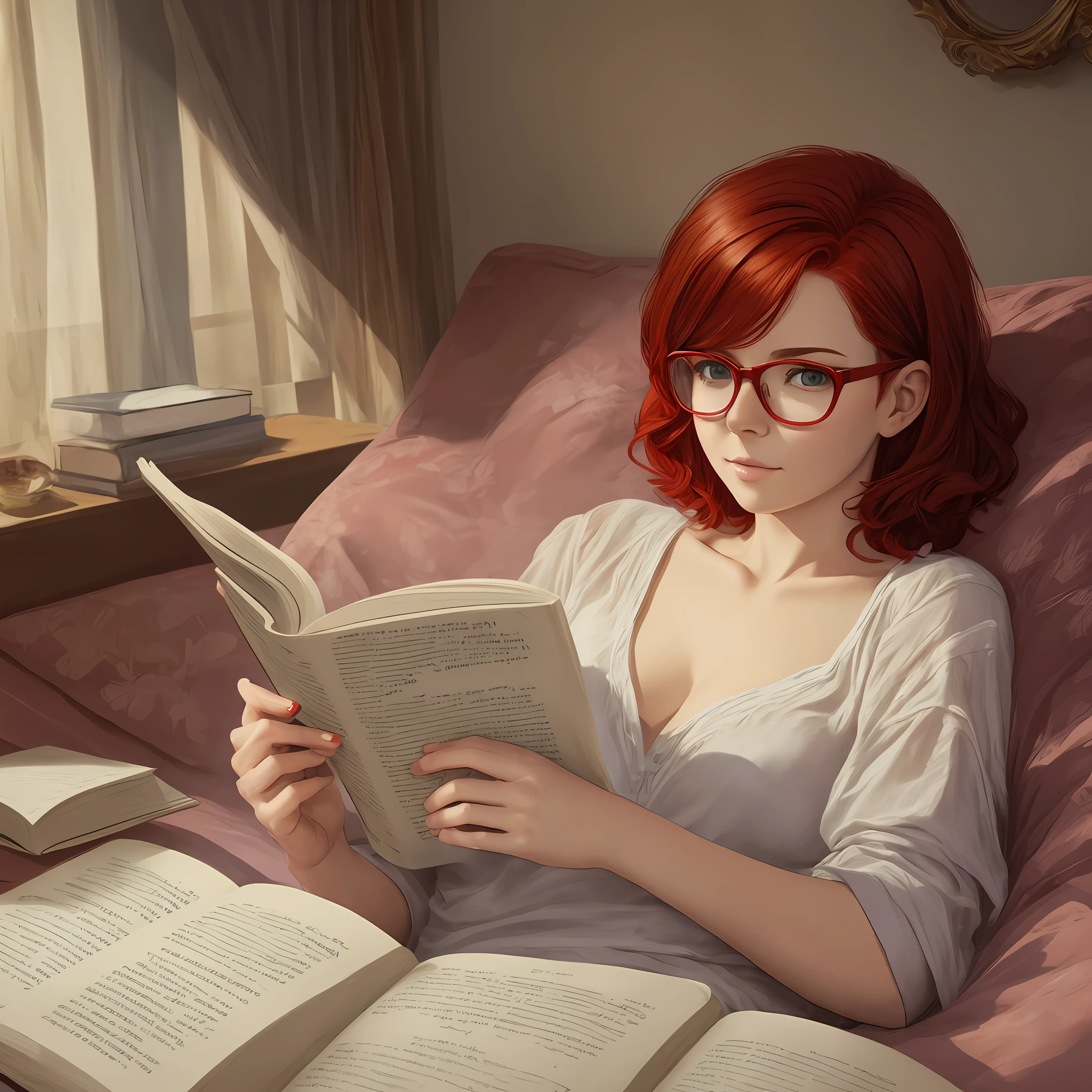 (top quality, masterpiece), book in hand, reading glasses, short red hair, a young woman lying in bed, realistic style, blurred background.