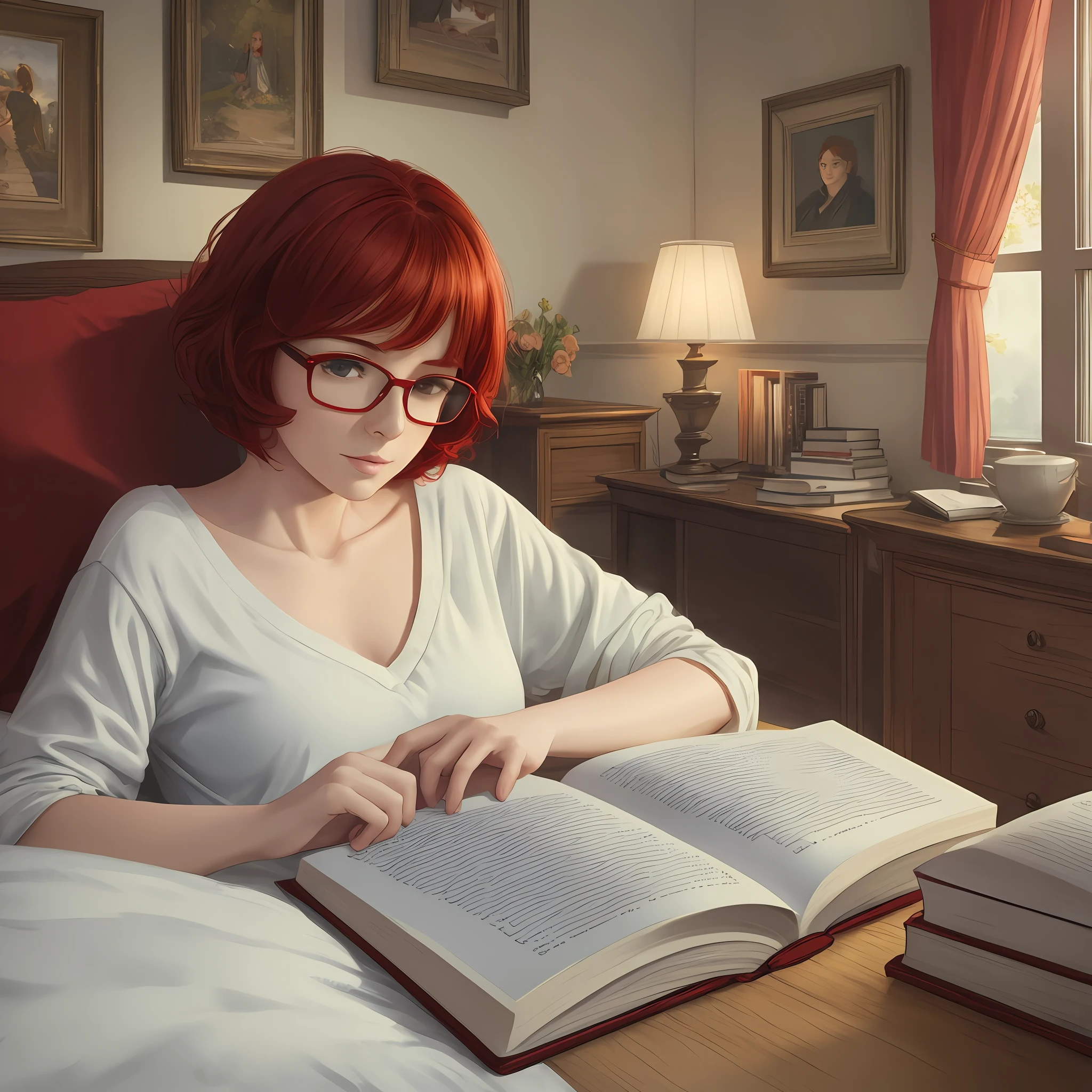 (top quality, masterpiece), book in hand, reading glasses, short red hair, a young woman lying in bed, realistic style, blurred background.