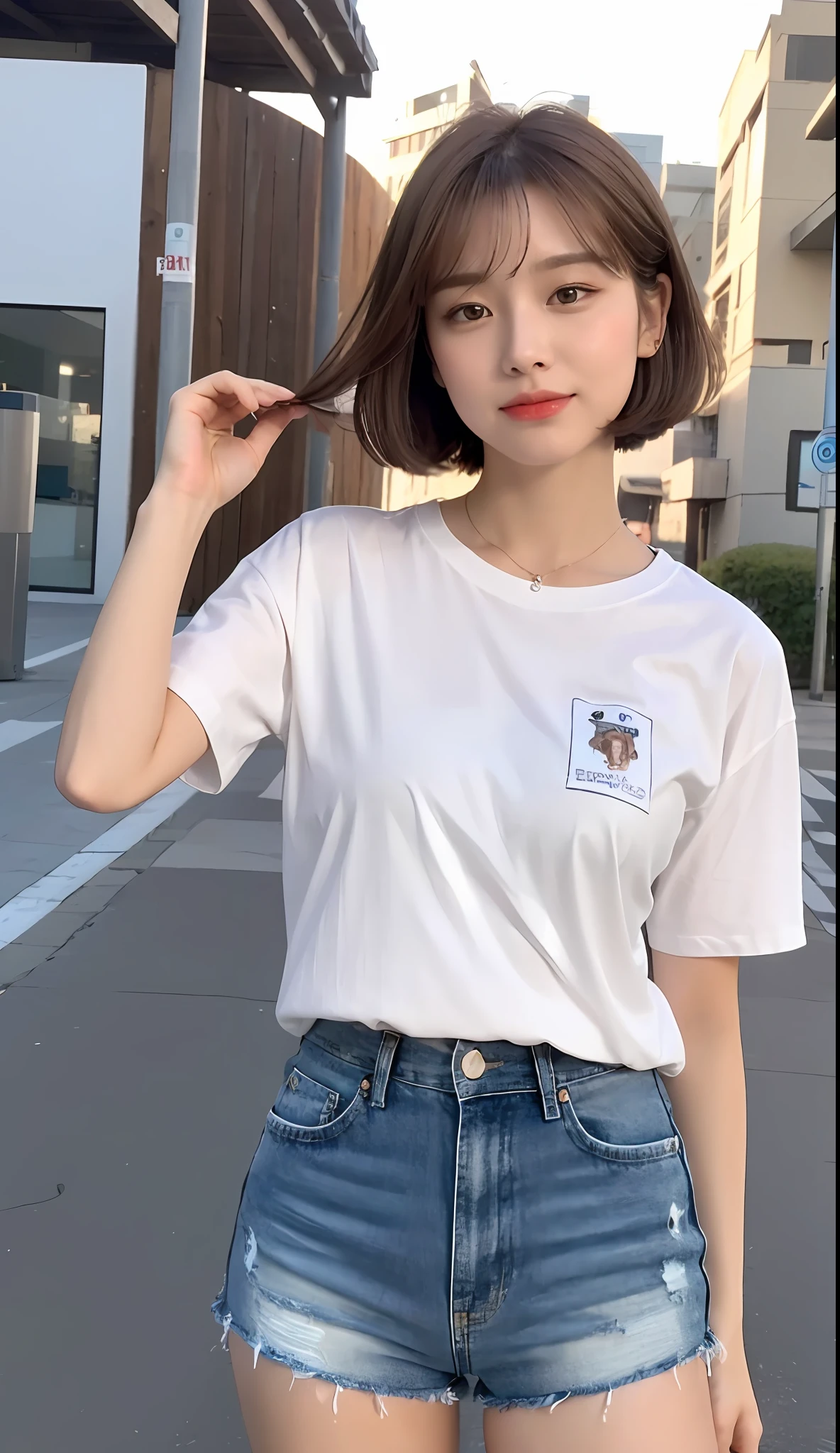((Best Quality, 8K, Masterpiece: 1.3)), (Happy: 1.3), (Brown Hair: 1.3), Focus: 1.2, Perfect Body Beauty: 1.4, Buttocks: 1.2, (Air Bangs: 1.2)), , (Charming Town: 1.3), Highly Detailed Face and Skin Texture, Fine Eyes, Double Eyelids, Whitened Skin, Short Hair, (Round Face: 1.5), (Short Sleeves, Shorts: 1.6)
