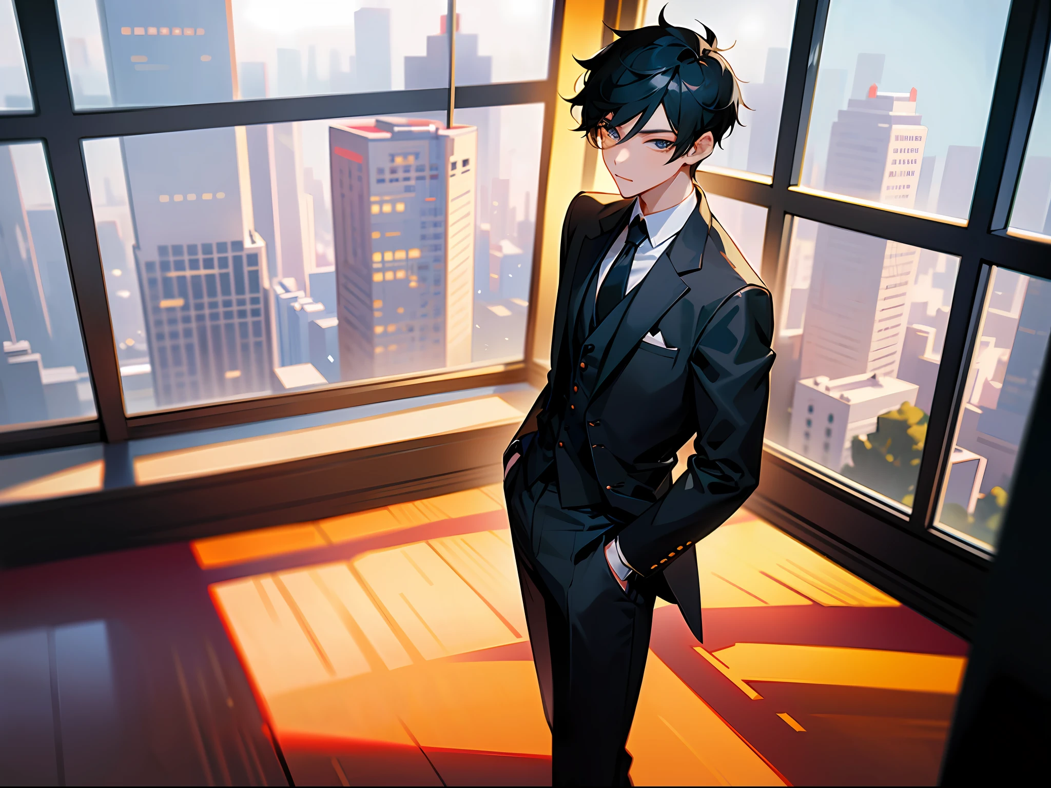 A handsome Chinese young man in a black suit in a luxurious office stands in front of a floor-to-ceiling window looking out