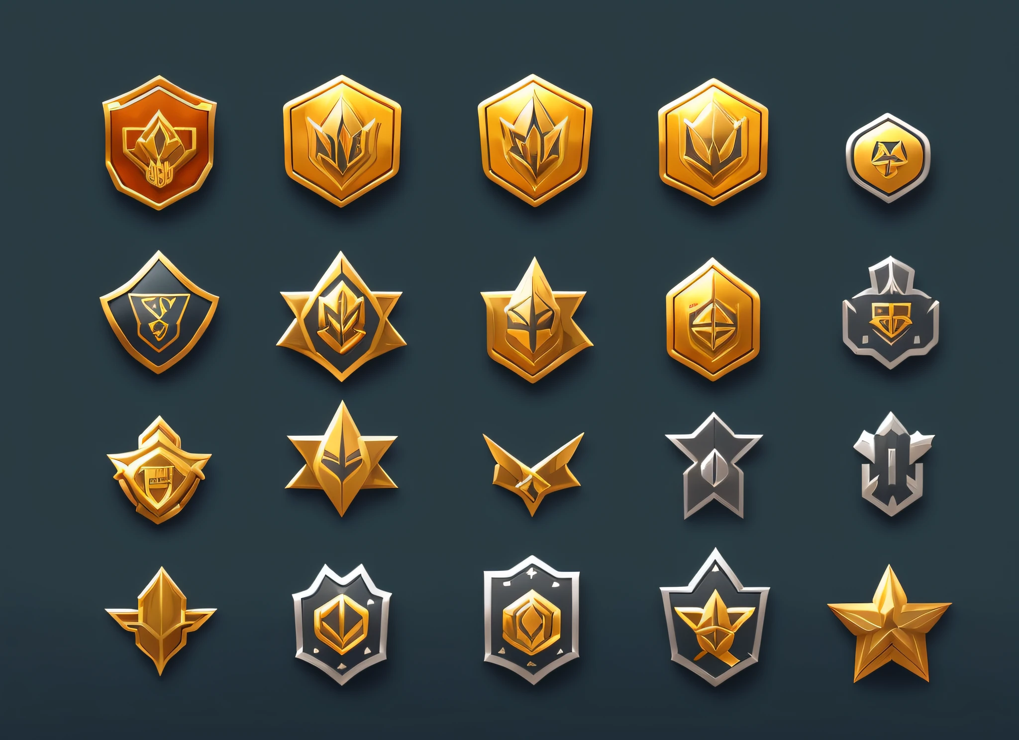 A set of flat badges in different colors, game icon assets, gold and silver shapes, game icon stylization, brave style, gold and silver elements, stylized layered shapes, military badges, game icons, Overwatch designs, game assets, medallions, holographic runes, close-ups of game design resource packs --auto --s2