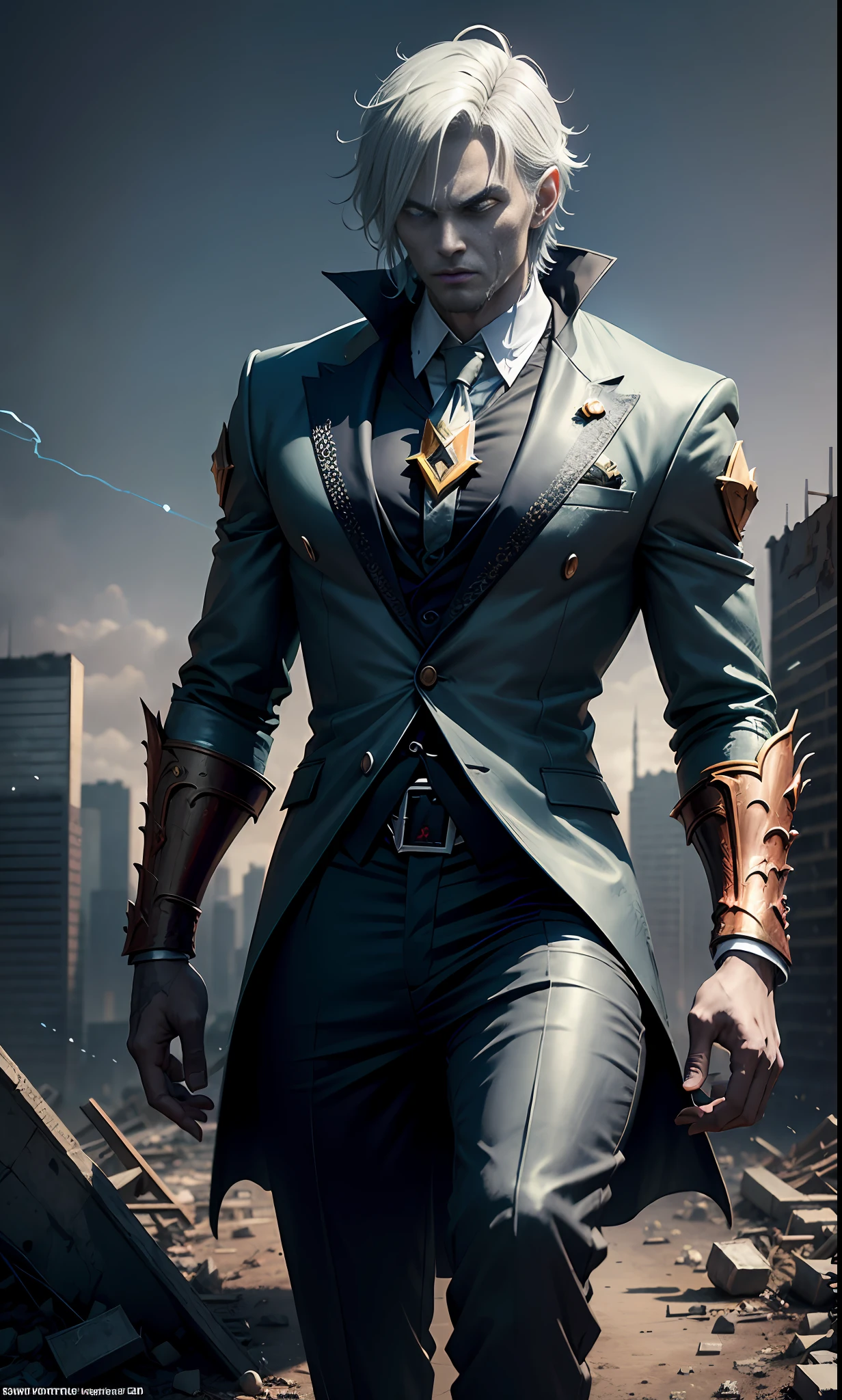 (Zombie King in suit, King Viewpoint, very domineering, in the ruins of the apocalyptic city, 3D rendering, blue and black lightning particles emitted around), background Doomsday City ruins, clear HD, 8K resolution, very detailed, digital painting, concept art, Shinkai Makoto style, pop popularization trend, pop, pop trend, pop trend.