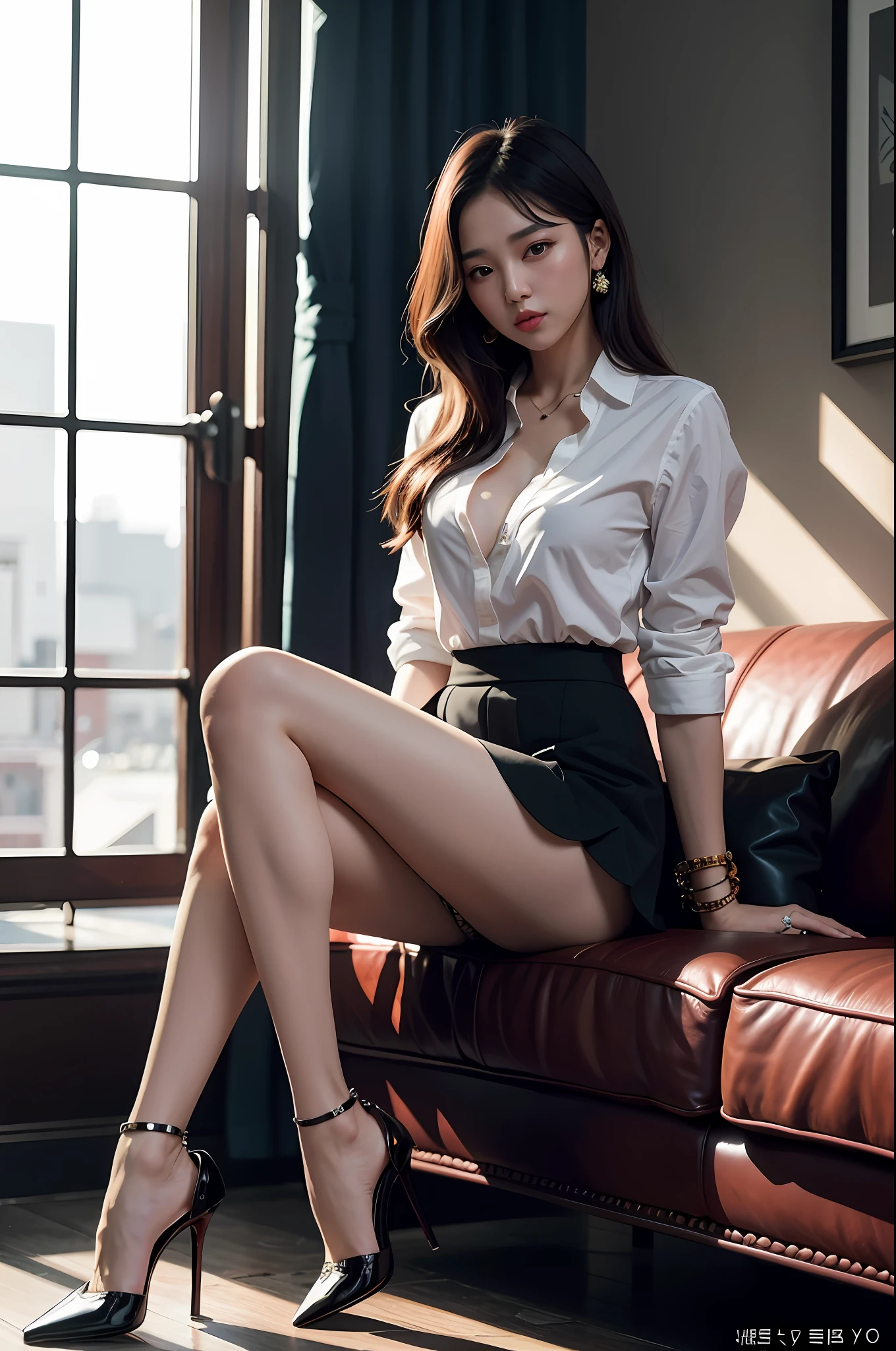 arafed woman sitting on a couch wearing high heels and a white shirt, korean girl, sexy style, gorgeous young korean woman, korean women's fashion model, beautiful south korean woman, elegant seducing pose, sexy girl, sexy look, photo of slim girl model, korean woman, sexy pose, beautiful young korean woman, smooth white tight clothes suit, very sexy outfit