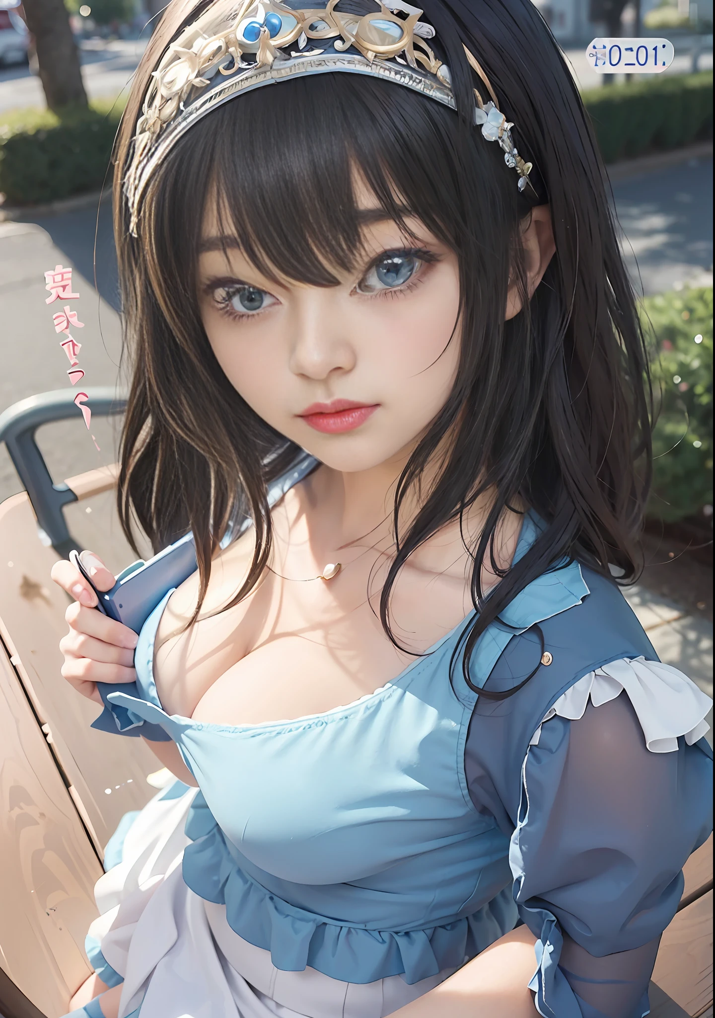 anime girl with blue eyes sitting on a bench holding a cell phone, seductive anime girl, anime moe artstyle, attractive anime girl, (anime girl), cute anime girl, beautiful anime girl, pretty anime girl, anime girl, in dress, anime best girl, smooth anime cg art, ecchi anime style, beautiful anime high school girl, an anime girl