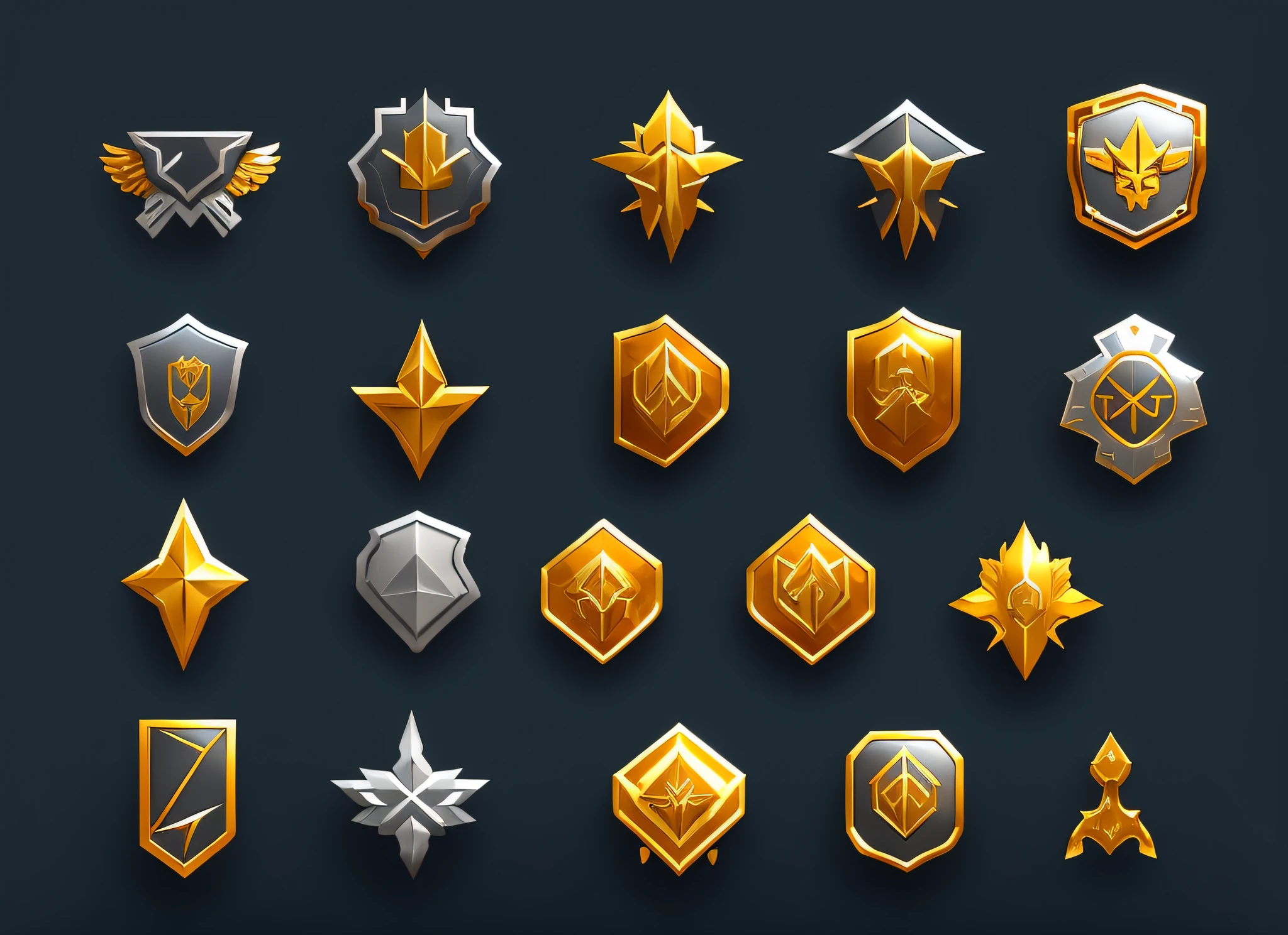 A set of flat badges in different colors, game icon assets, gold and silver shapes, game icon stylization, brave style, gold and silver elements, stylized layered shapes, military badges, game icons, Overwatch designs, game assets, medallions, holographic runes, close-ups of game design resource packs --auto --s2