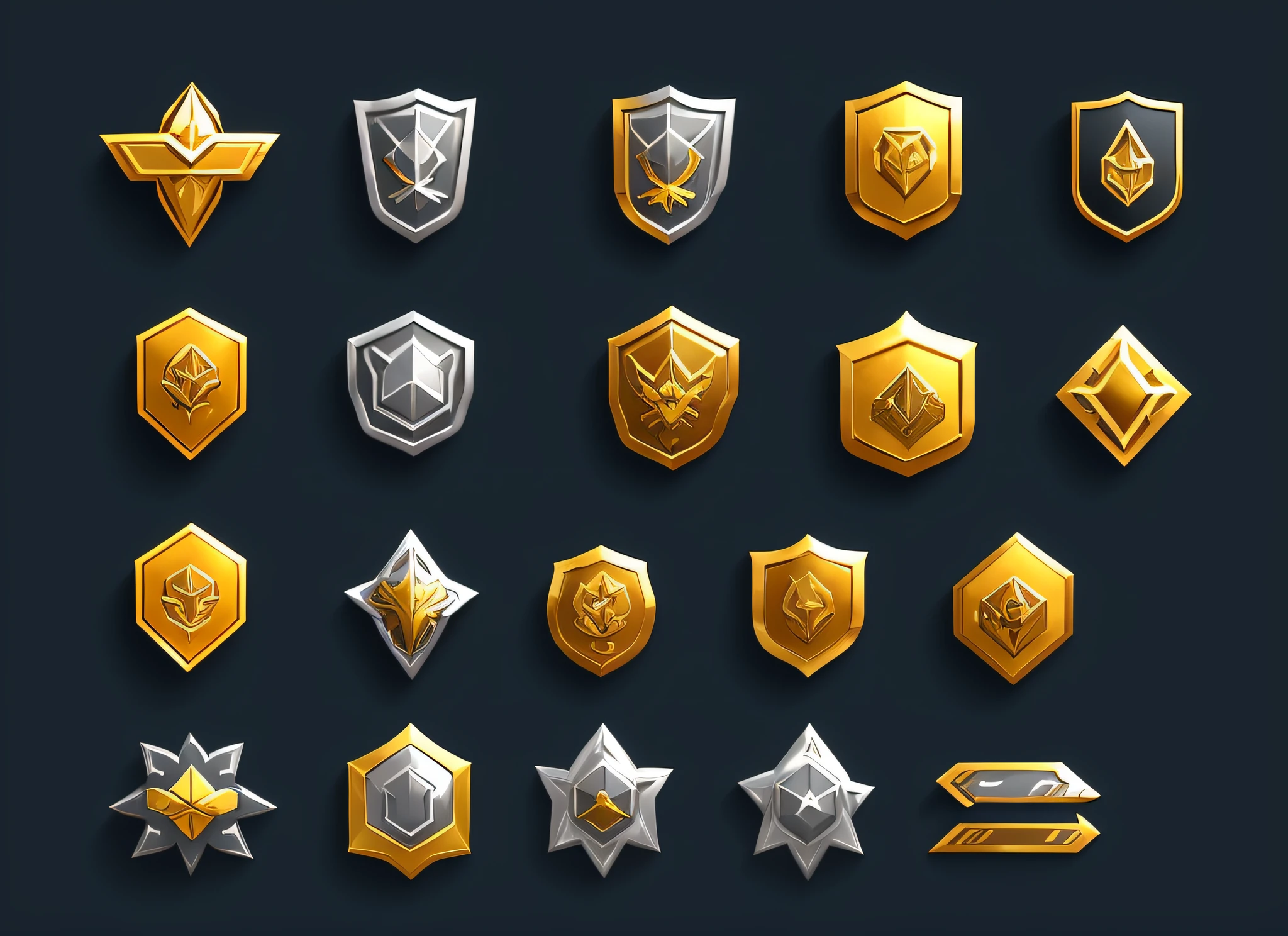 A set of flat badges in different colors, game icon assets, gold and silver shapes, game icon stylization, brave style, gold and silver elements, stylized layered shapes, military badges, game icons, Overwatch designs, game assets, medallions, holographic runes, close-ups of game design resource packs --auto --s2