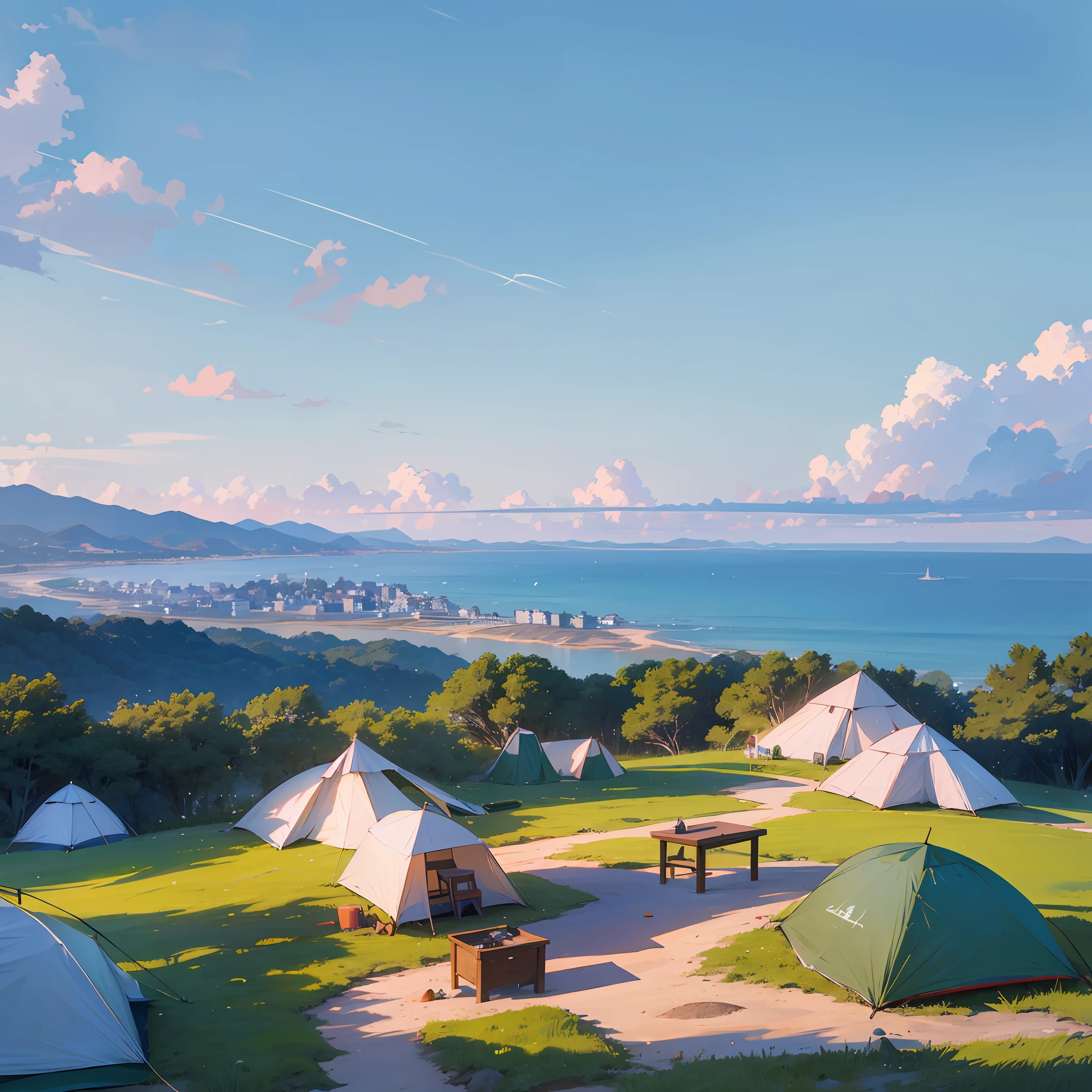 Japan wide-angle photo of the campsite overlooking the sea, a large panorama of the sea and sky, a scene where you can enjoy camping and glamping, very beautiful in 8K, like a photo of a first-class photographer, --auto --s2
