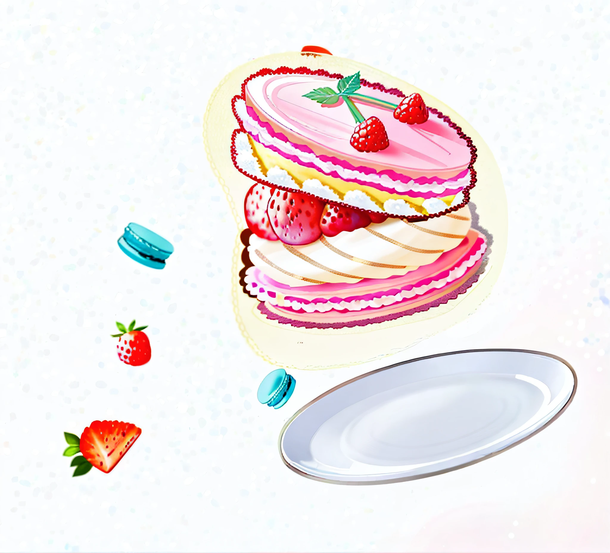 There is a plate that falls out a cake with berries, macarons, candy, pastries, cakes, anime food, made with illustrators, baked artwork, eat cakes, eat, raspberries, delicious, high quality illustrations, snacks, very tasty, rendering, delicious, dessert, 2d rendering