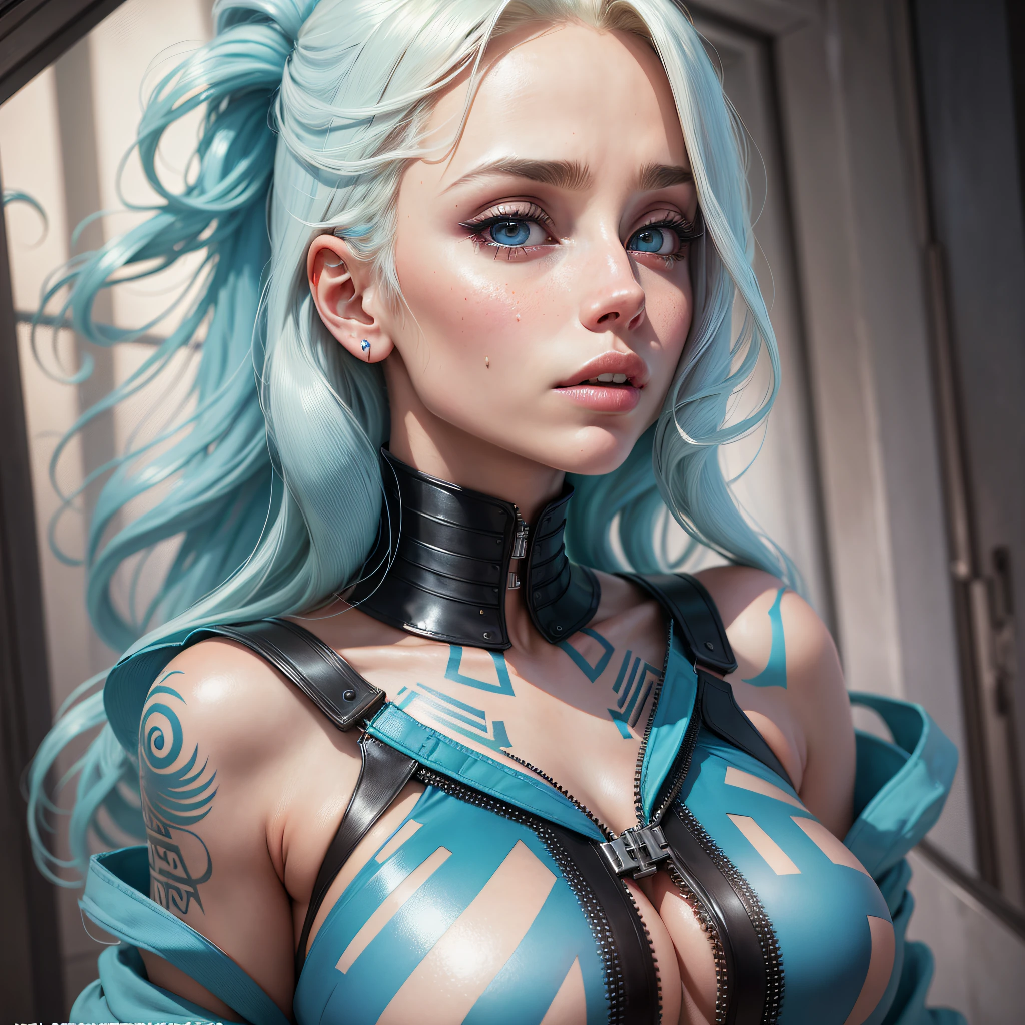 A beautiful sexy blonde woman with full breasts cyan blue dress with billie eilish's mouth lady gaga's eyes Scarlett Johansson's nose angelina jolie's chin all with great symmetry and harmonious tall light skin with beautiful Nordic appearance hair with red lock at the root realistic tattoo on the arm defined belly but very feminine and in a beautiful cozy and very futuristic modern and automated home, 4k 3D realistic photo with perfect shaiders --auto --s2