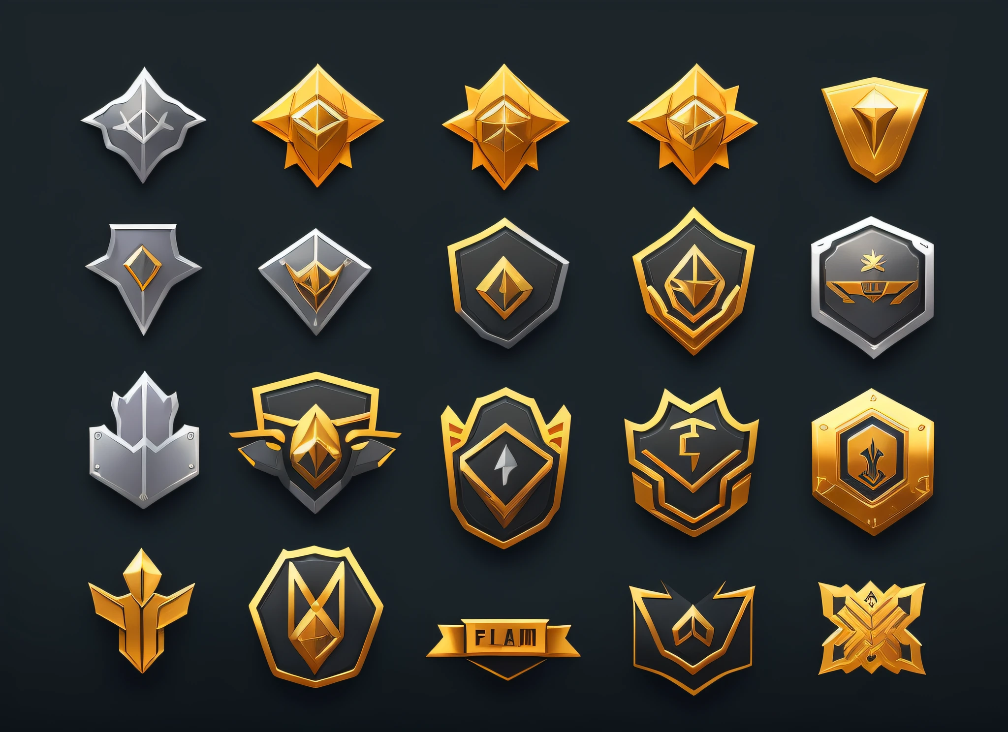 A set of flat badges in different colors, game icon assets, gold and silver shapes, game icon stylization, brave style, gold and silver elements, stylized layered shapes, military badges, game icons, Overwatch designs, game assets, medallions, holographic runes, high-precision metallic, close-up of game design resource packs --auto --s2