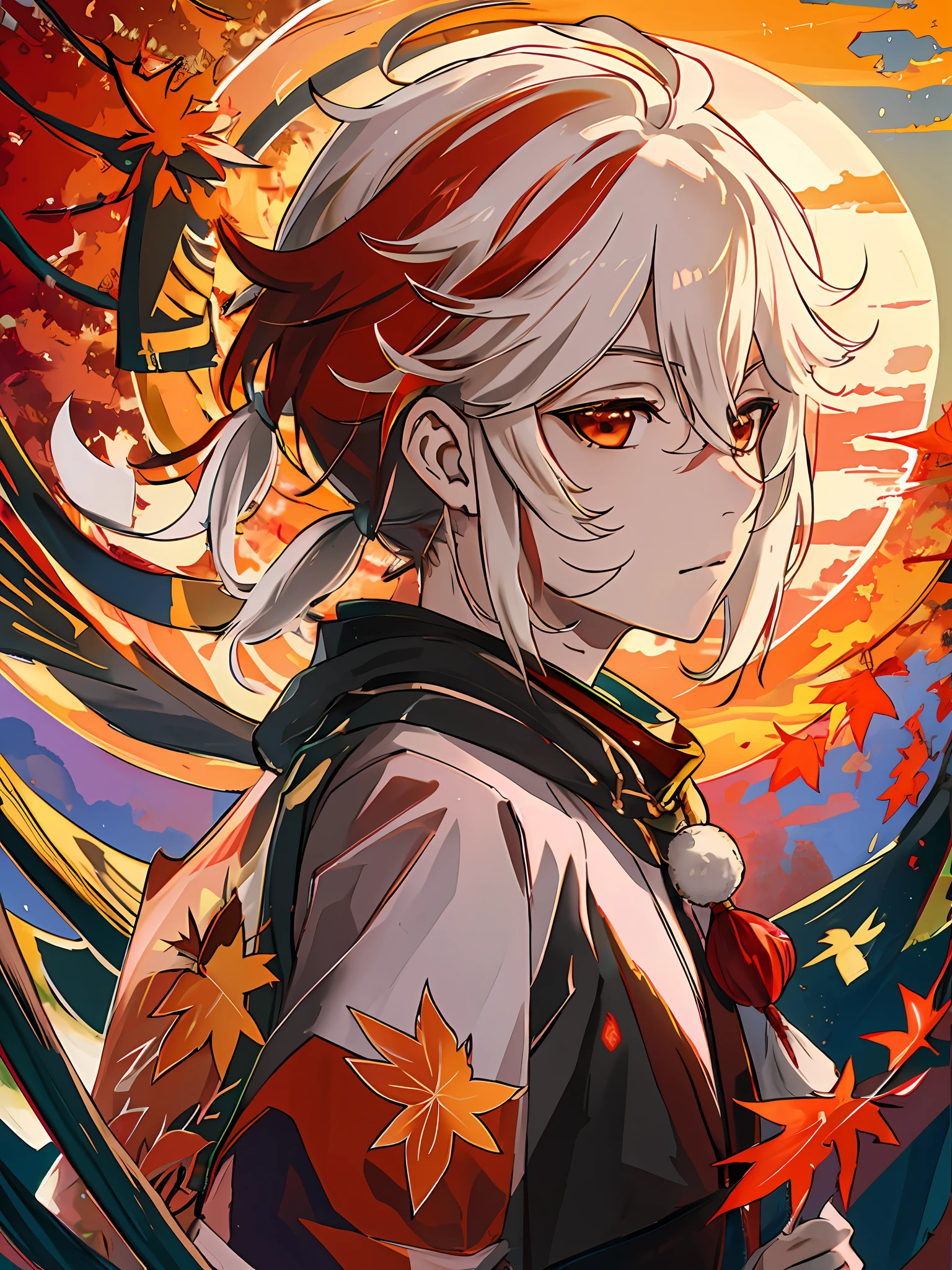 Sunset, maple leaves falling, white hair, a strand of red hair, Japanese samurai costume, Shinkai Makoto style sky, looking back, rich colors, large aperture portrait, strong light and shadow, cinematic, golden section