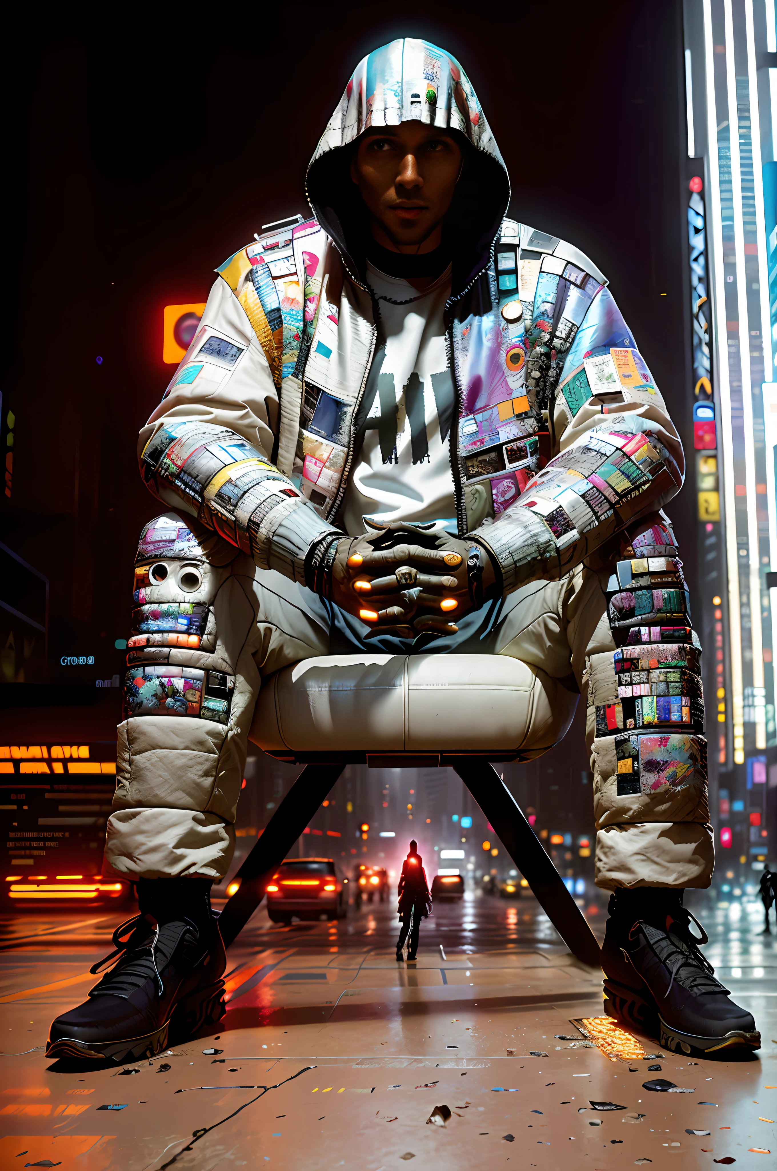 abstract colors, texture, film grain, skin pores: 0.1 intricate dramatic portrait of a (cyberpunk) 1.2 (cyborg) 1.3 robocop african cybernetic android standing on a busy and rainy street of cyberpunk city, foggy morning, still cinematic movie frame, black skin, blade runner 2049, punk hair style, altered carbon, (style 1.3 (film grain) 1.3, stephan martiniere Wadim Kashin Simon Stalenhag michal karcz ismail inceoglu