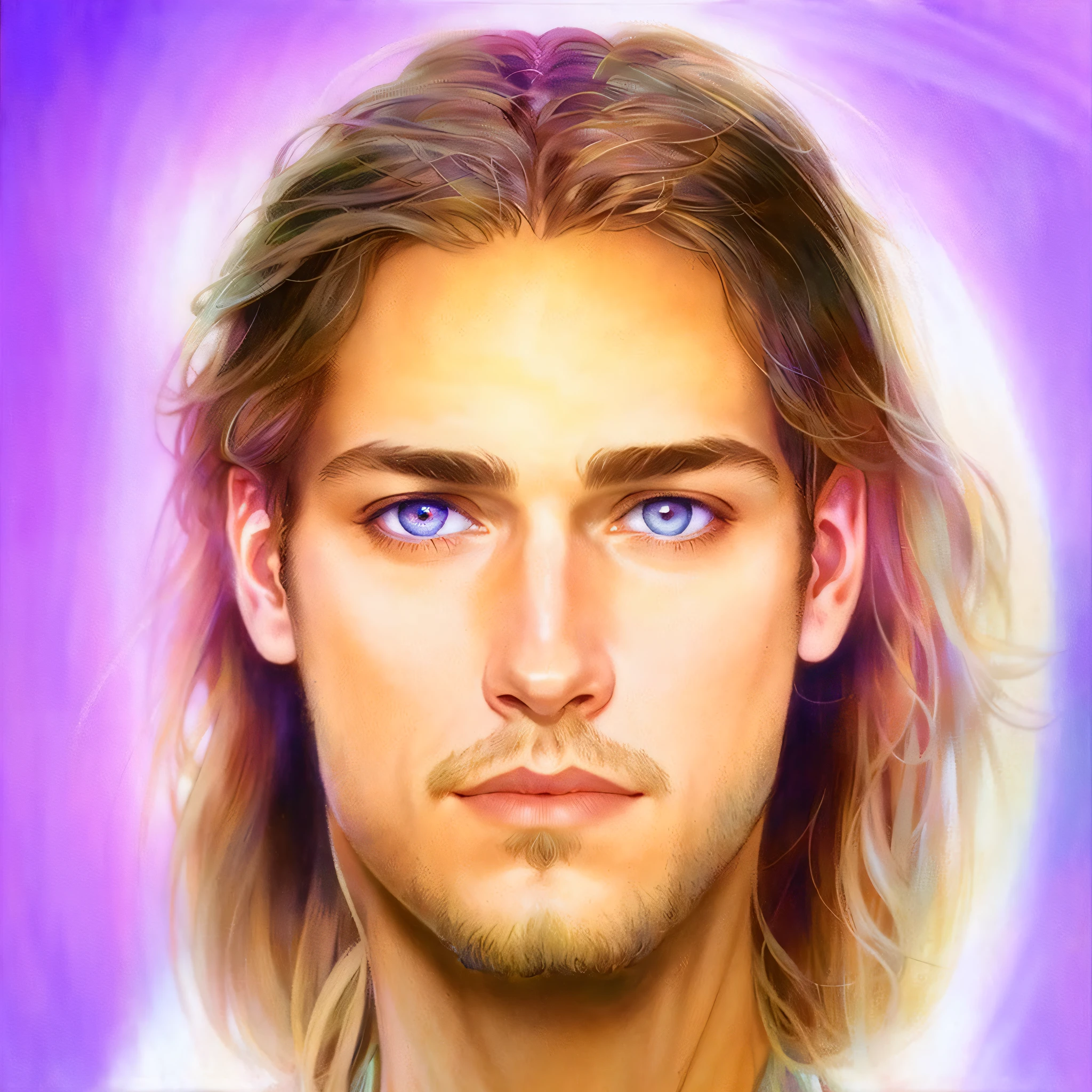 macro intricate detailed realistic realism real ((closeup)) of handsome [robot|cyborg|man] with fiber optic hair in front of (iridescent background), bright incandescent eyes on fire, (pastel color) flames and art by alphonse mucha, greg rutkowski, gaston bussiere, mark brooks, alex ross, greg hildebrandt