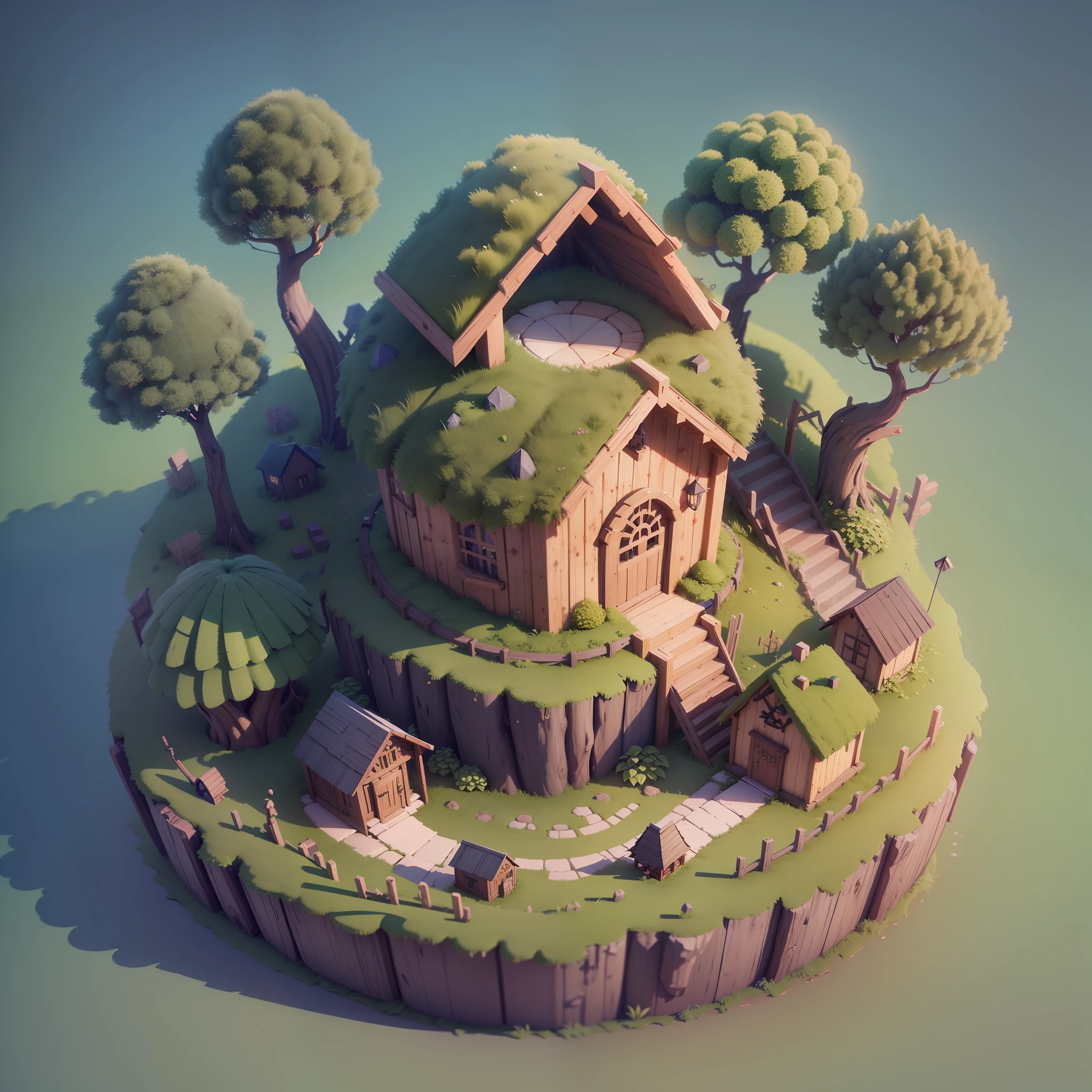 (isometric 3D),(masterpiece),  (extremely detailed CG unity 8k wallpaper), (best quality), (best illustration), (best shadow),
a cute ,A round turnip hut covered with moss
,octane render,ray tracing,ultra detailed