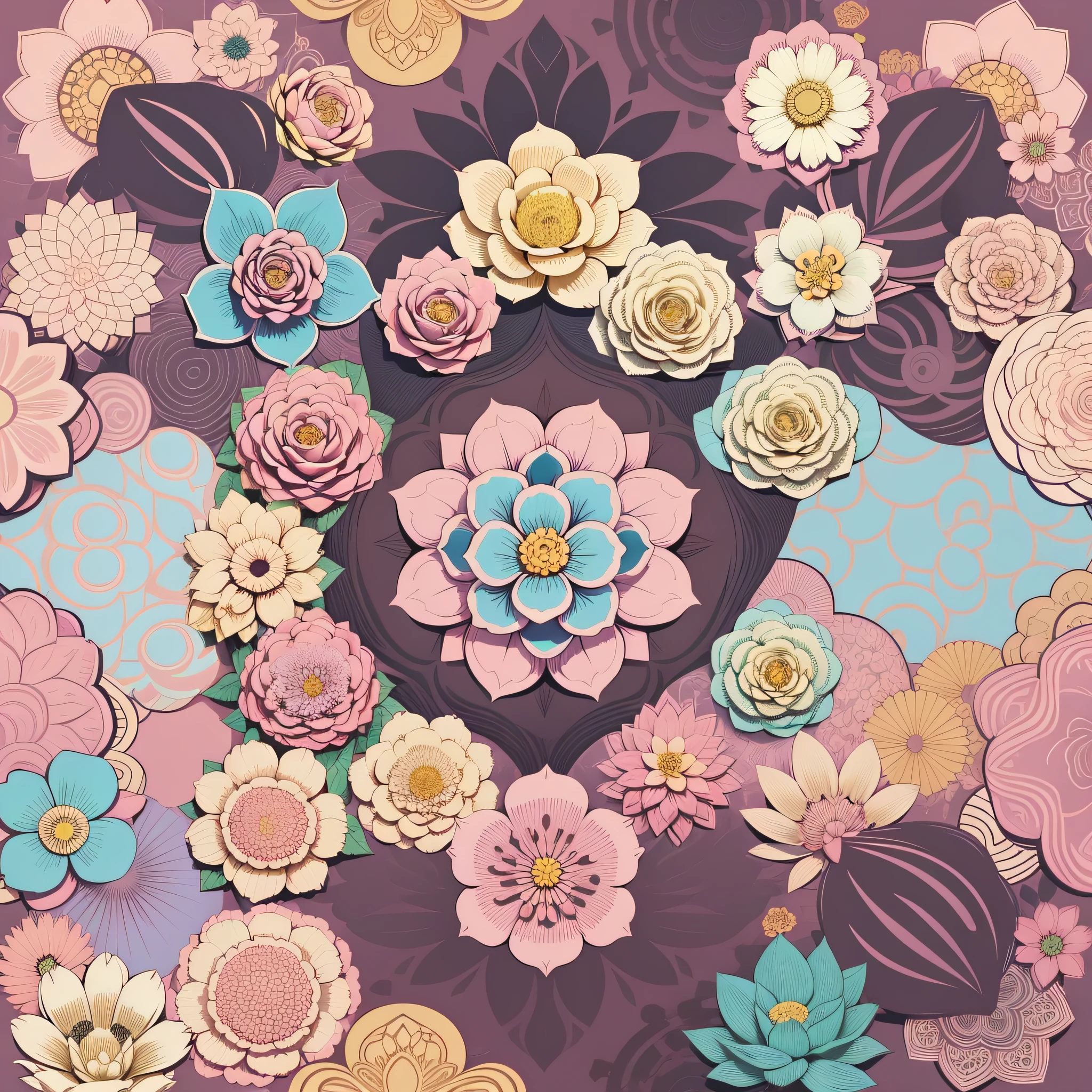 Set pattern of large flowers of defined shape, flat style, vector style, drawing style, naïve style, in soft pastel colors such as old pink, pastel blue, light blue, beige, pastel yellow.