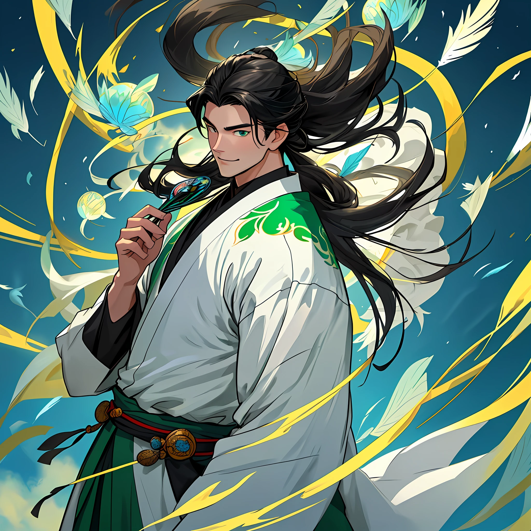 The highest quality (fan: 1.4), serious (night: 1.4) and single 16-year-old has long black hair that is loose in the wind, flows down to a smooth, shiny body and gently falls on the back. Her hair is thick and has a healthy appearance, in contrast to her fair skin. The young man's eyes are deep, emerald green, intense, like two thin pearls. They reflect calmness and curious curiosity. In his upright position, the young man confidently bears and shows a cheerful, hyperactive aura. He is shirtless, wearing the back of a white kimono with blue-green details printed with gray clouds underneath, with a large yellow ribbon at the waist, sleeveless, and made of high-quality fabric. Give him a look. The fan is wrapped in black leather to provide a firm and firm grip.
Knowledgeable strategist, feather-fanned, quiet charisma, white robed, highly knowledgeable and educated, serious and sincere, dedicated, Feng Shui user, genuinely caring for people, calm judgment, understanding nature and people, fluent mouth, outstanding leadership, persuasive person, courage to face difficulties, prudence and cautiousness, resourceful, humble and polite, relationship-building skill, bold strategist , idealist, determination to overcome difficulties, vision to lead people, kind and caring personality, with great legend, alone, 1 boy, muscular man, demon slayer style, loose hair, quiet expression, smile, tall, confident, only one, spilled hair, loose and big hair, small monkey on the shoulder, demon slayer art style, fan with light structure with feathers, Fans with unique decorations, fans with items that symbolize wisdom, fans that act gracefully, fans that emphasize charisma, fans that sense Zhuge Kongming's thoughts, fans that skillfully manipulate military strategies, fans that radiate quiet authority and dignity, fans that symbolize advanced culture and culture, fans that are indispensable for plotting,