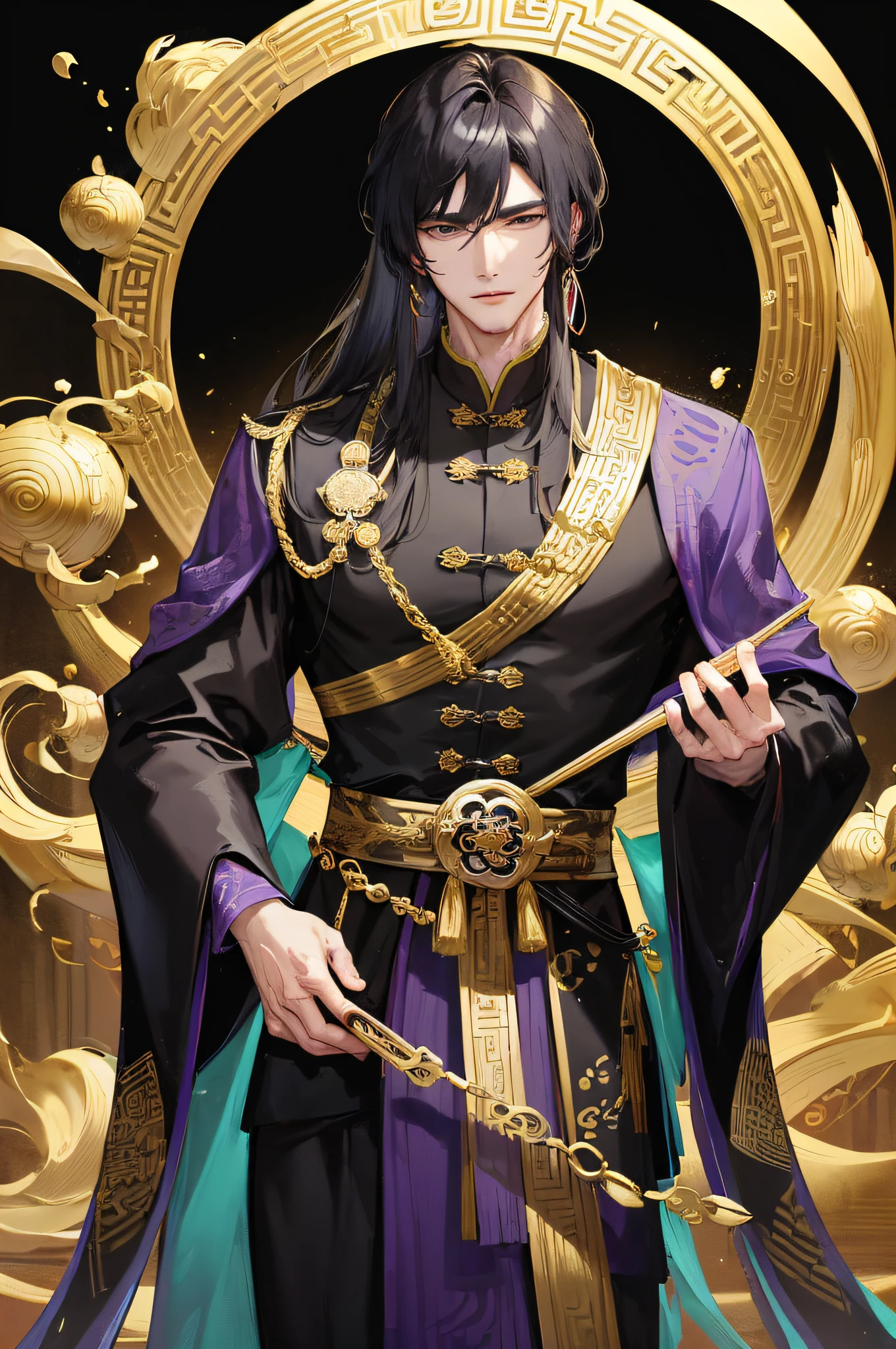 Masterpiece, Superb Style, Night, Full Moon, 1 person, mature man, Chinese style, ancient China, black hair, black eyes, split ends, long hair, long bangs, handsome, handsome, masculine, serious, gentle, tall, calm, black and gold blend, gold pattern, dragon pattern, Taoist, palace, purple robe