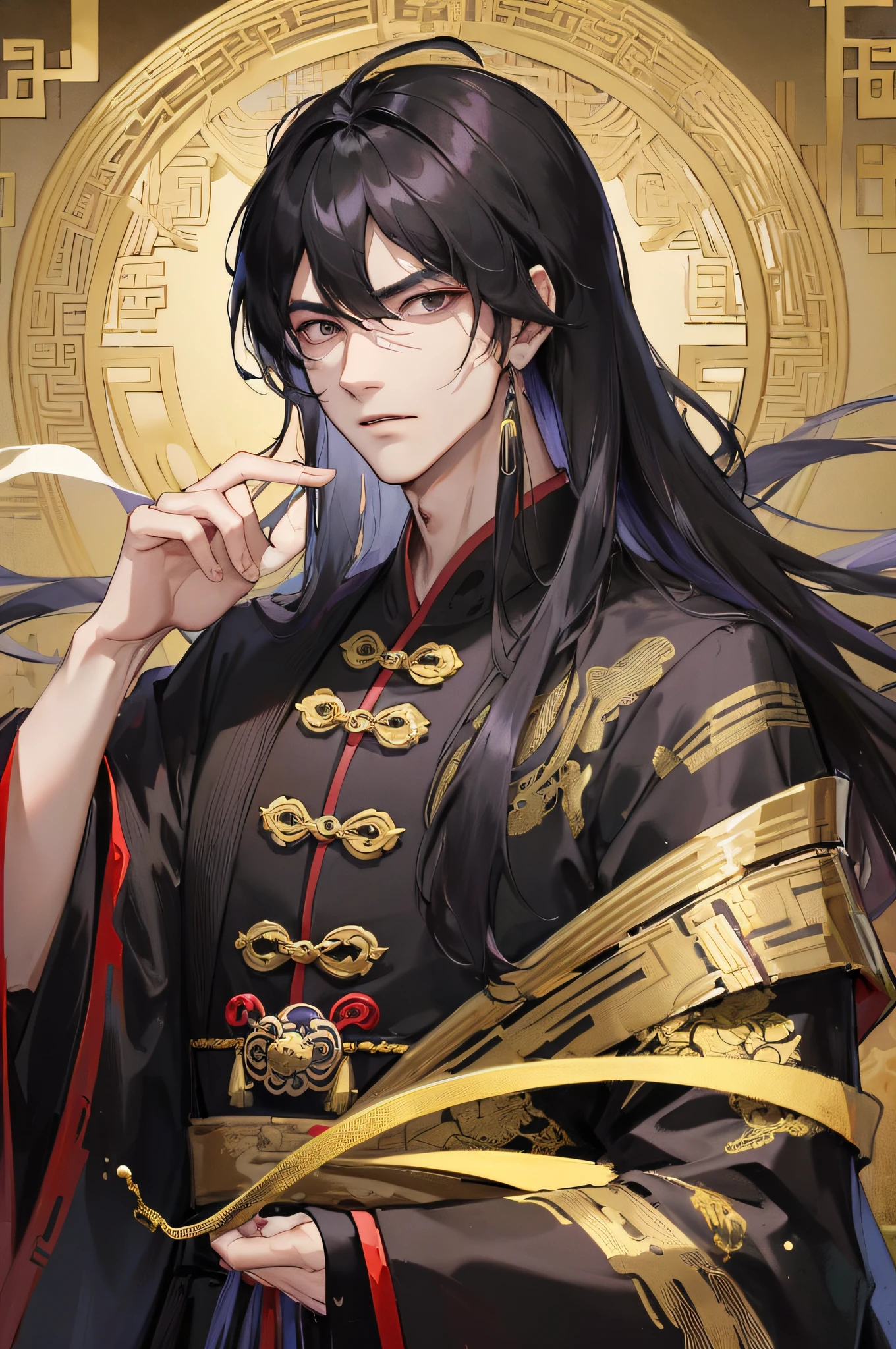Masterpiece, Superb Style, Night, Full Moon, 1 person, mature man, Chinese style, ancient China, black hair, black eyes, split ends, long hair, long bangs, handsome, handsome, masculine, serious, gentle, tall, calm, black and gold blend, gold pattern, dragon pattern, Taoist, palace, purple robe