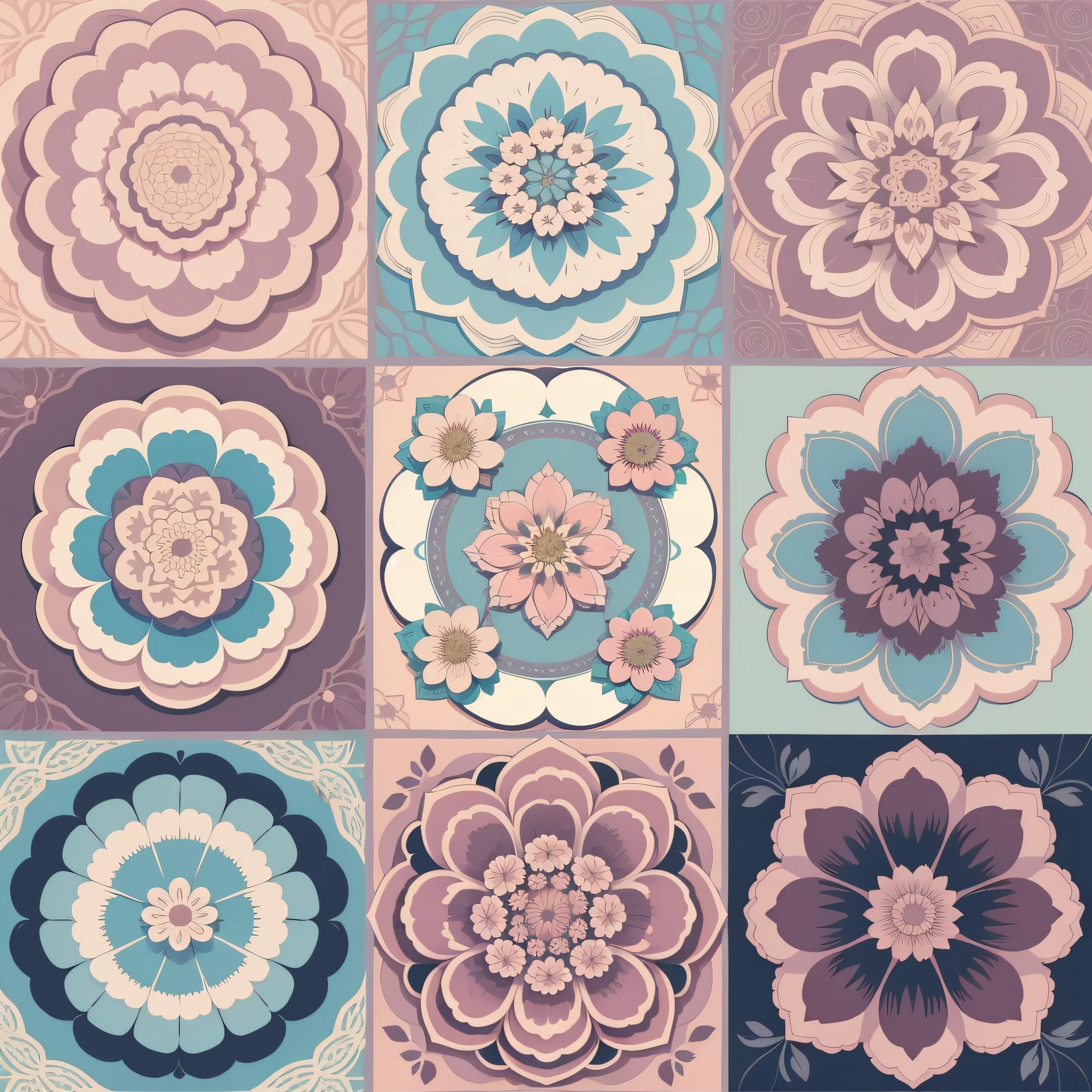 Set pattern of large flowers of defined shape, flat style, vector style, drawing style, naïve style, in soft pastel colors such as old pink, pastel blue, light blue, beige, pastel yellow.