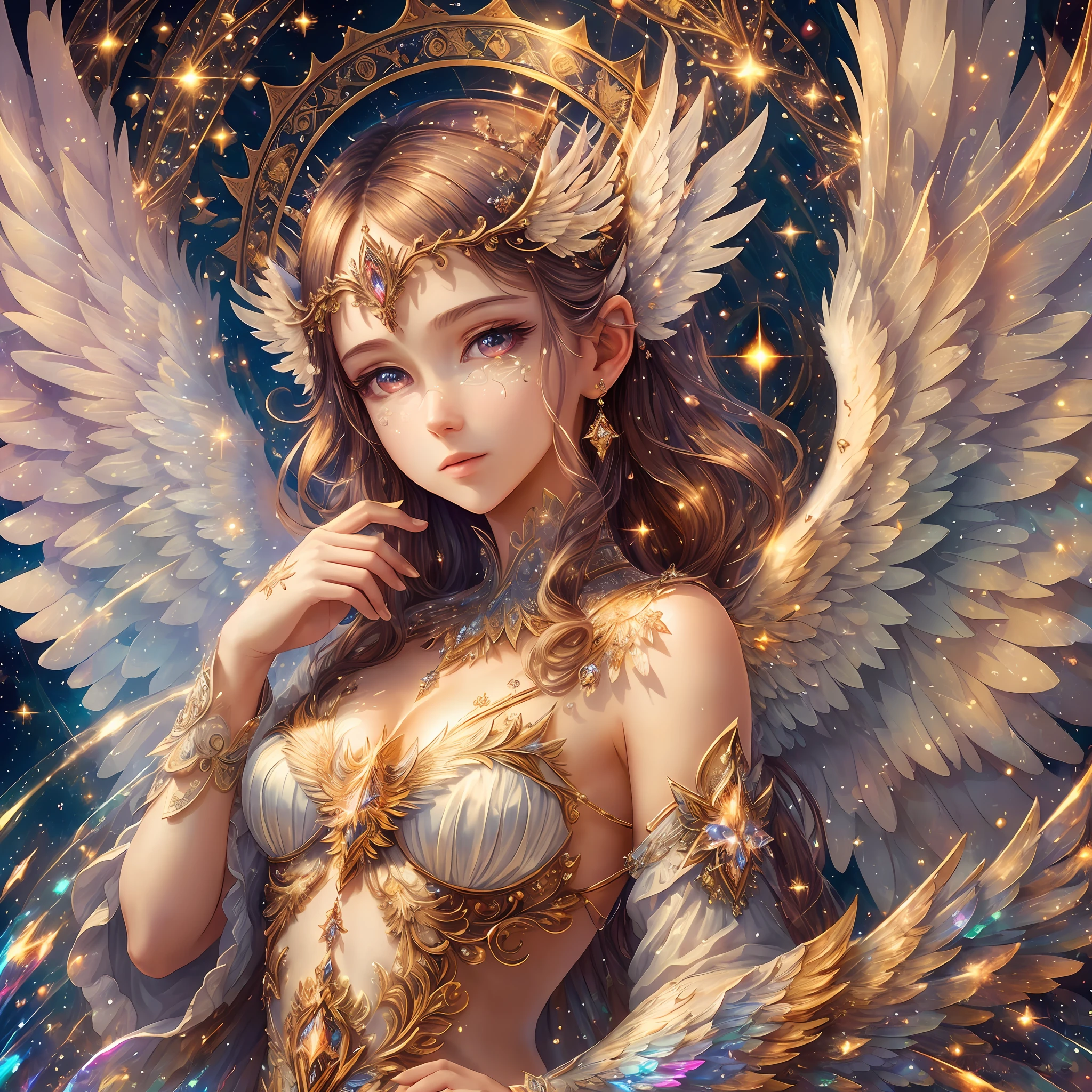 (masterpiece), (best quality:1.4), absurdres, [:intricate details:0.2], angel, angel wings, daytime sky,shimmering aura, intense focus, crackling energy, mysterious symbols, sparkling motes,