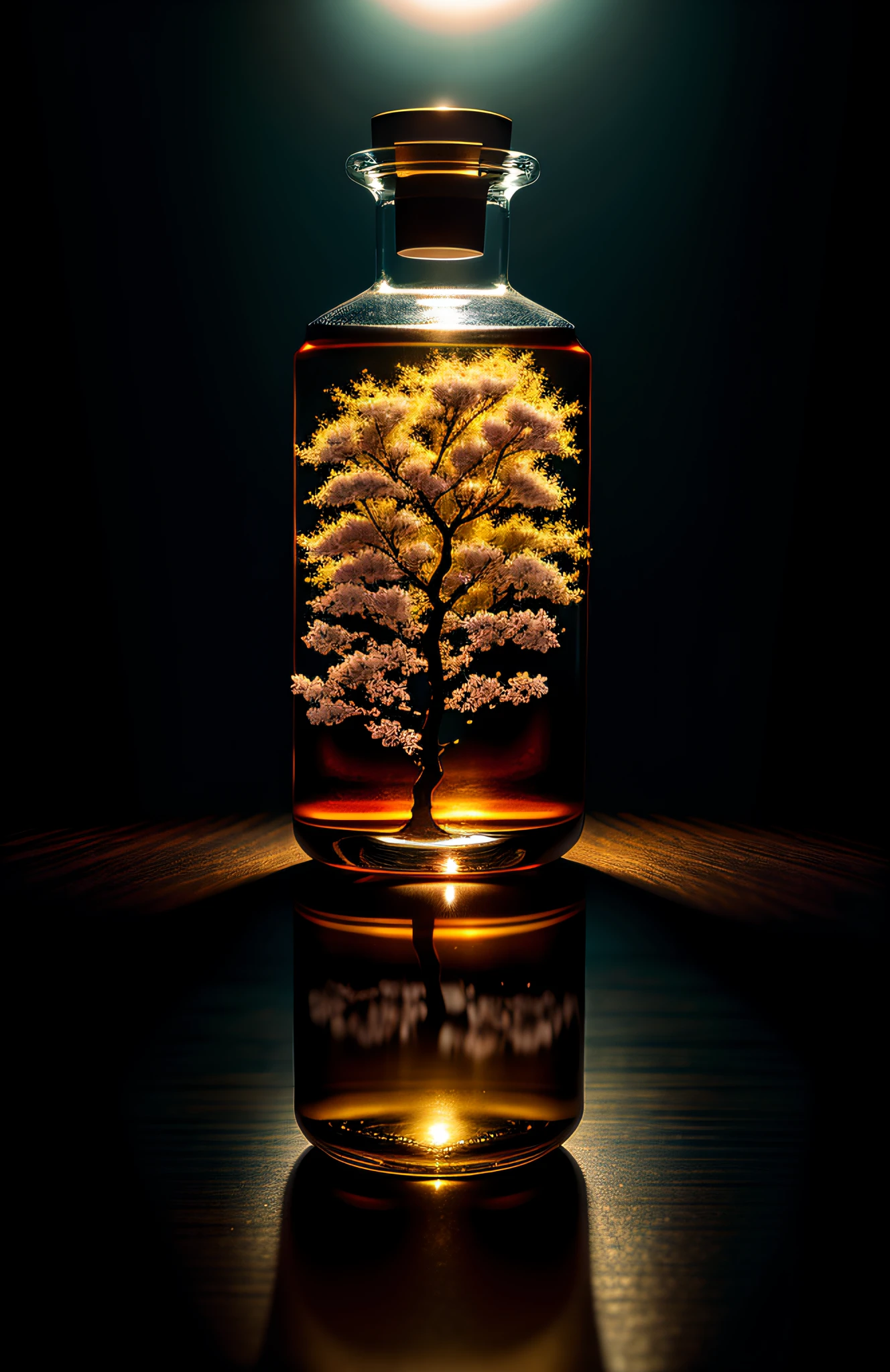 Cherry tree in a bottle, fluffy, realistic, atmospheric light refraction, photographed by lee jeffries, nikon d850 film Stock Photo 4 Kodak portra 400 camera f1.6 lens, rich colors, ultra realistic realistic textures, dramatic lighting, unreal engine trending on artstation cinestill 800, Style-Glass