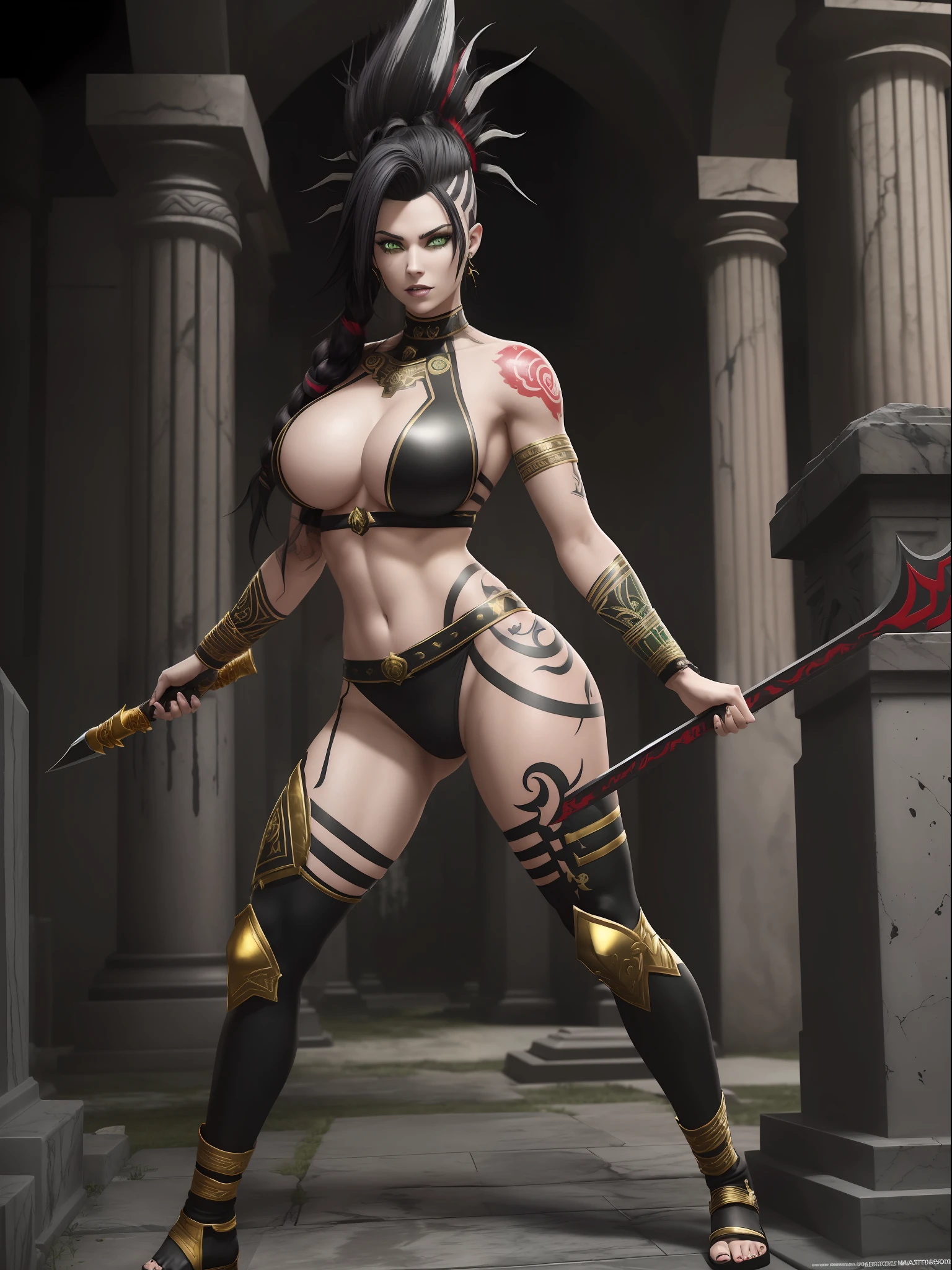 ((Full body photo, feet on the ground, straight body)), ((Laura/woman, big breasts, {black+part gold+red parts/Spartan warrior costume/extremely short and tight on body}, {very white and pale skin}, lots of tattoos on body and face)), looking at the viewer with angry eyes, smile. Background macabre marble temple with cemetery attached and blood stains on the walls. ((She has {black mohawk hair}, {green eyes}, Spartan weapons)). God of War, high detail, anime, 16k, UHD, retina, retina, ccurate, anatomically correct, textured skin, super detail, high quality, award winning