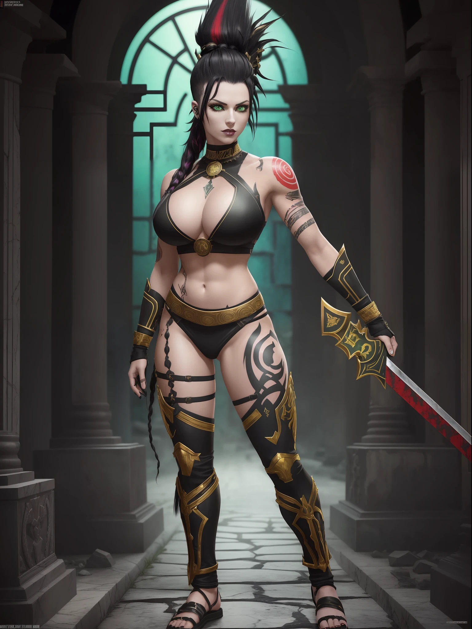((Full body photo, feet on the ground, straight body)), ((Laura/woman, big breasts, {black+part gold+red parts/Spartan warrior costume/extremely short and tight on body}, {very white and pale skin}, lots of tattoos on body and face)), looking at the viewer with angry eyes, smile. Background macabre marble temple with cemetery attached and blood stains on the walls. ((She has {black mohawk hair}, {green eyes}, Spartan weapons)). God of War, high detail, anime, 16k, UHD, retina, retina, ccurate, anatomically correct, textured skin, super detail, high quality, award winning