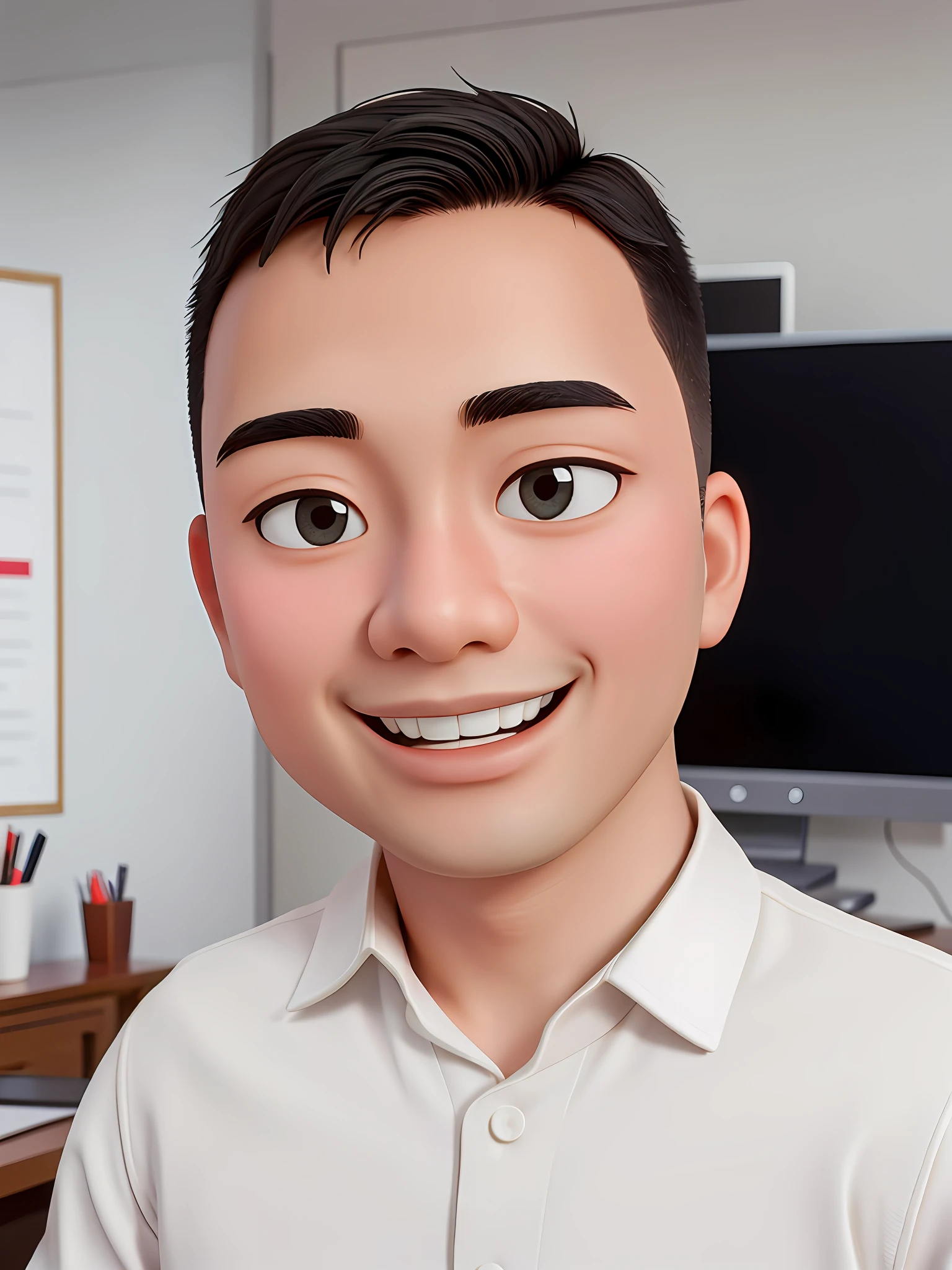 Pixarstyle, High Detail Face, waist length portrait of a young Chinese man in office shirt, smile, office, natural skin texture, 4k texture, HDR, intricate, very detailed, sharp focus, cinematic look, ultra detailed