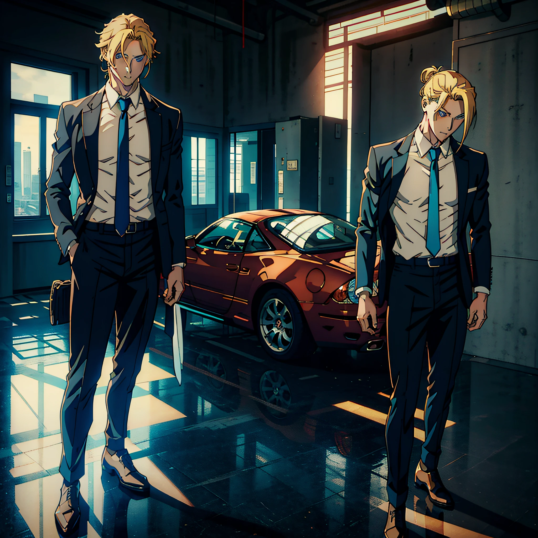 anime style man, handsome man, blonde man, tall, muscular, shoulder-length hair tied with ponytail, blue eyes, shirtless with dress pants and dress shoes, full body, with a futuristic pistol in hand
