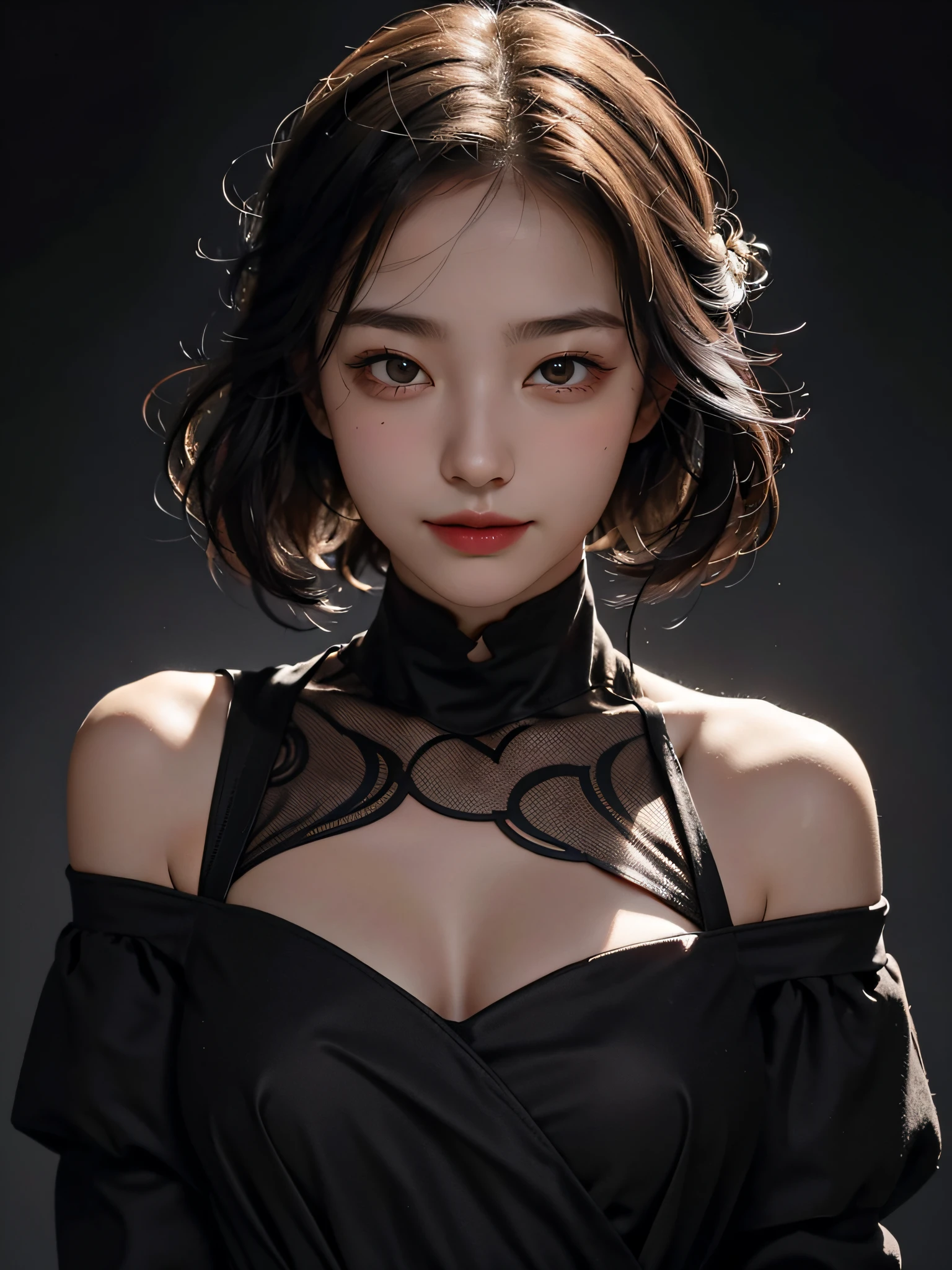 1 girl, shoulders, smile, cute, waist up, deep shadow, in the dark, understated, close-up
Best quality, masterpiece, (realistic: 1.4)