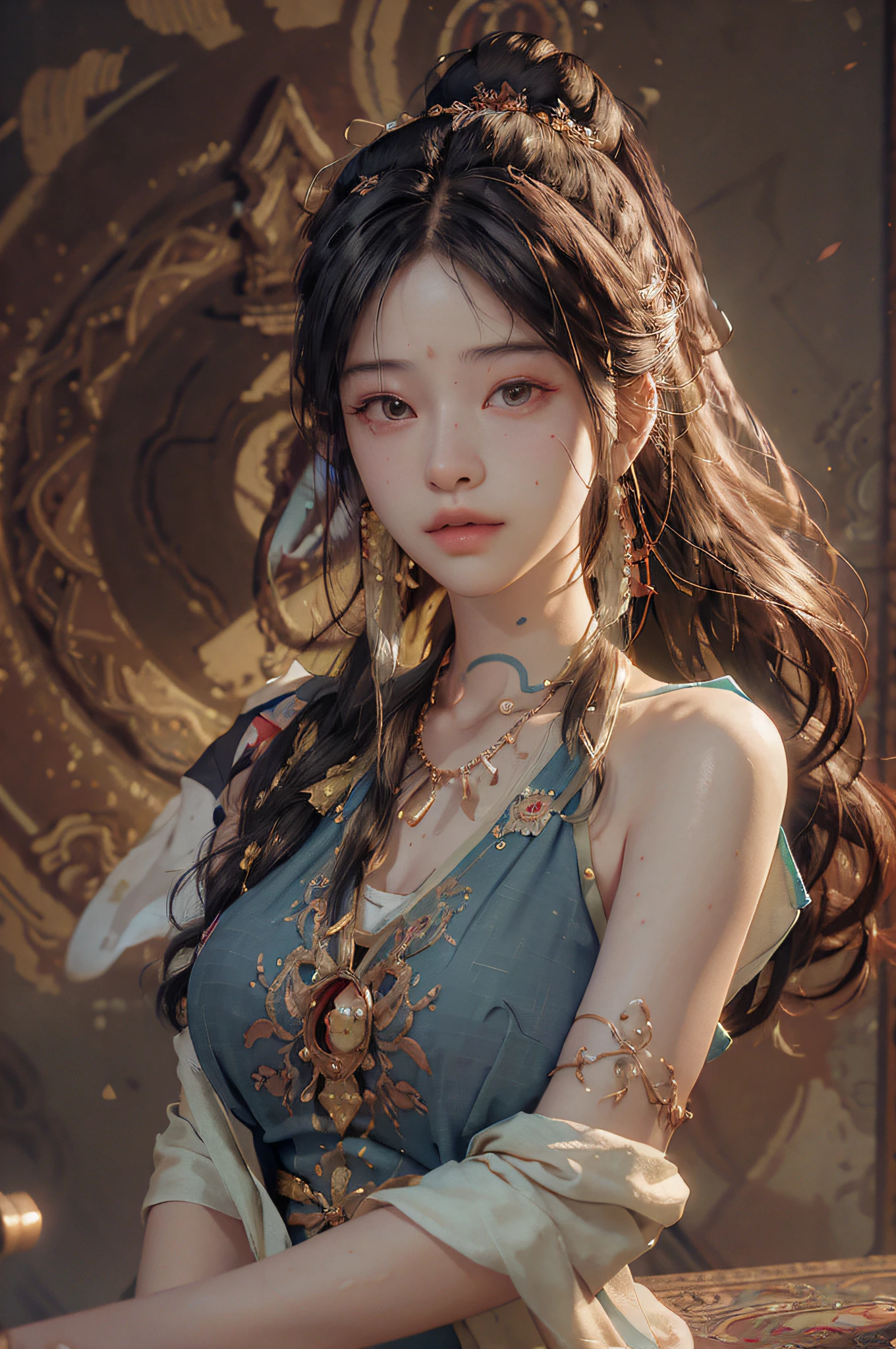 (RAW photo, best quality), (realistic, photo-realistic:1.3),best quality,highly detailed,masterpiece,ultra-detailed,illustration,1girl,upper_body,dynamic angle,world masterpiece theater,messy_long_hair,best quality,extremely detailed CG unity 8k wallpaper,ink,Amazing,cinematic lighting,lens_flare, dunhuang_style