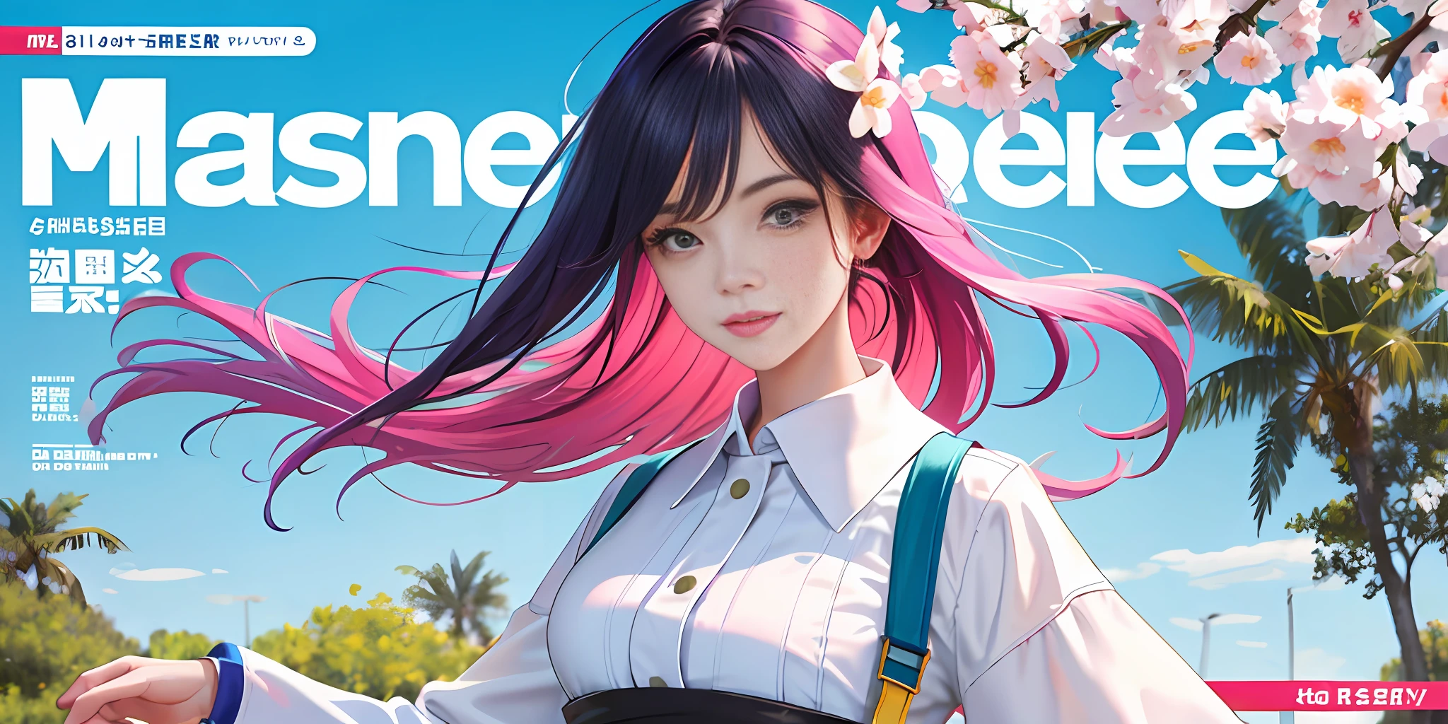masterpiece, best quality, spring outfit, colorful hair, outdoor, magazine cover ,upper body,