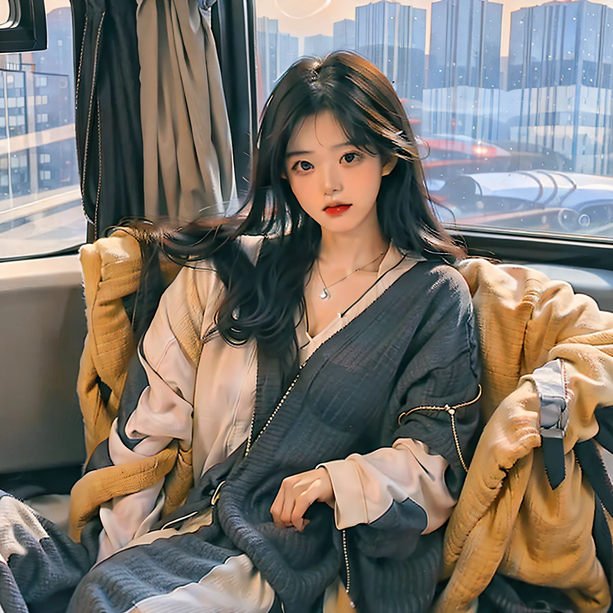 Wearing a set of clothes, with long black hair, sitting on a sofa, in a tall building, there is a bright pearl on the sea outside the window