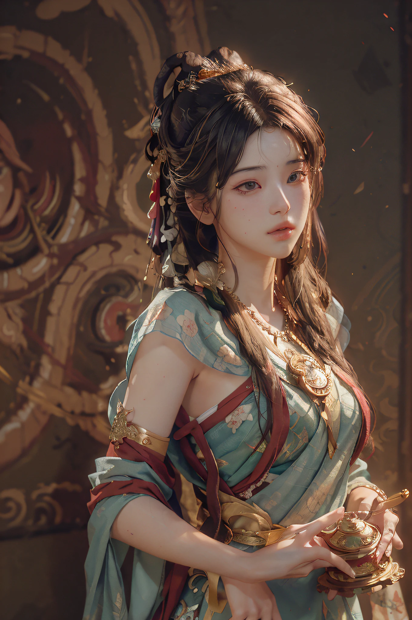 (RAW photo, best quality), (realistic, photo-realistic:1.3),best quality,highly detailed,masterpiece,ultra-detailed,illustration,1girl,upper_body,dynamic angle,world masterpiece theater,messy_long_hair,best quality,extremely detailed CG unity 8k wallpaper,ink,Amazing,cinematic lighting,lens_flare, dunhuang_style