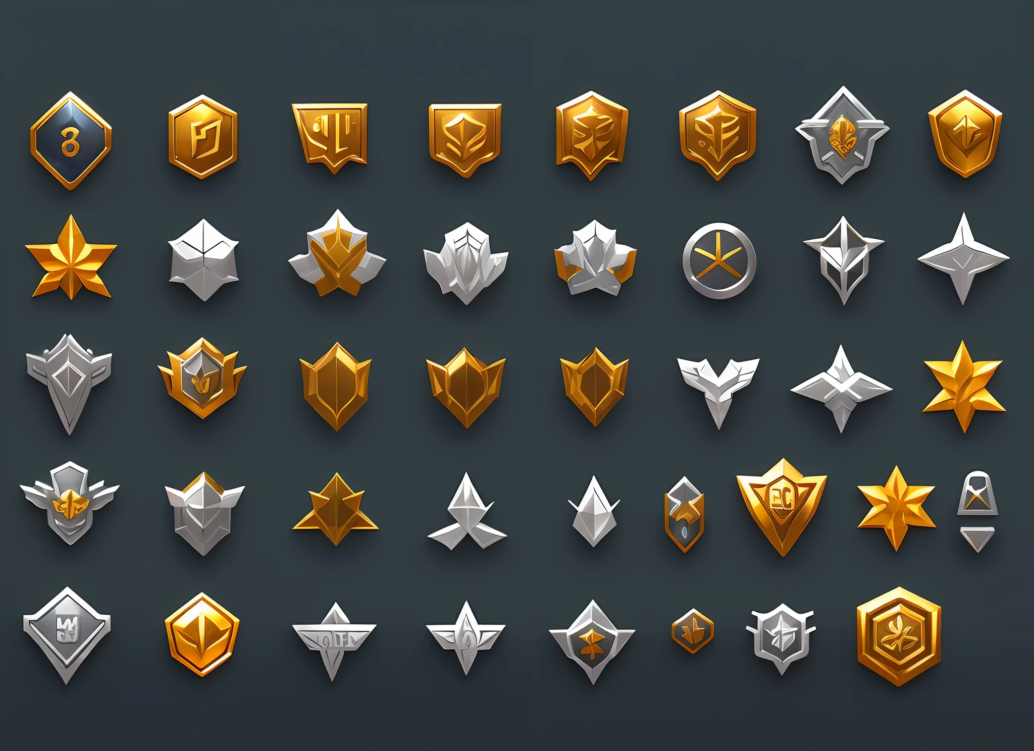A set of flat badges in different colors, game icon assets, gold and silver shapes, game icon stylization, brave style, gold and silver elements, stylized layered shapes, military badges, game icons, Overwatch designs, game assets, medallions, holographic runes, close-ups of game design resource packs --auto --s2