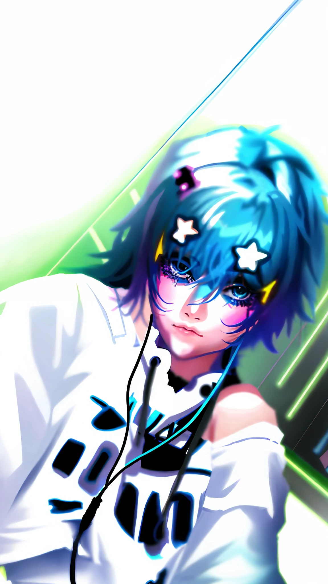 there is a girl with blue hair and headphones, about 15 years old anime inspired, decora inspired, anime stylized, anime vibes, messy blue hair, like an anime character, beautiful girl, 8 0 s anime vibe