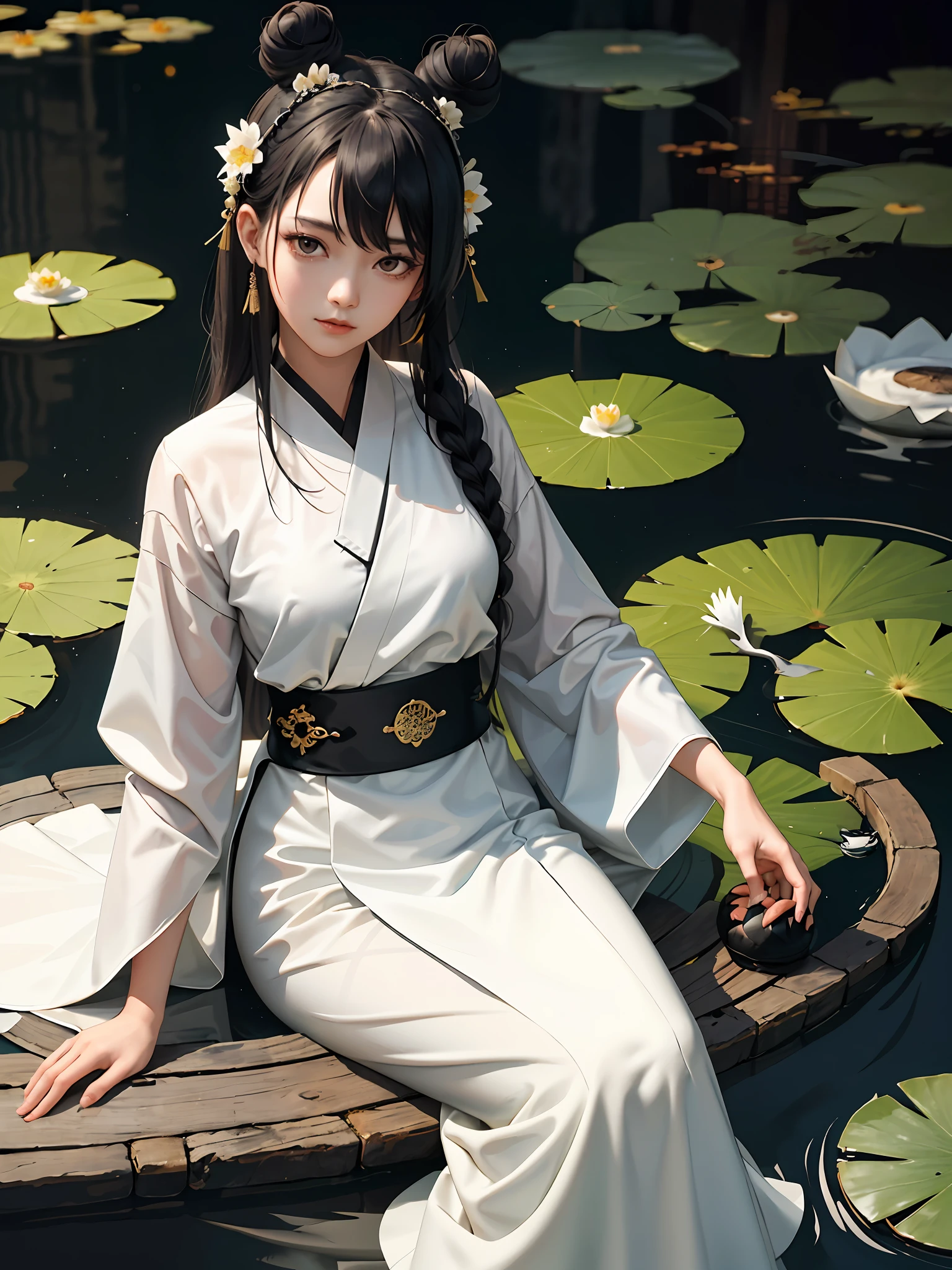 Long black hair, black eyes, coiled bun, hairpin, 16 year old girl wearing Chinese Hanfu, long skirt, beautiful girl with rabbit ears, in lotus pond, sitting by the water, floating clothes, floating hair, surrounded by red-crowned cranes, koi, lotus flowers next to it
