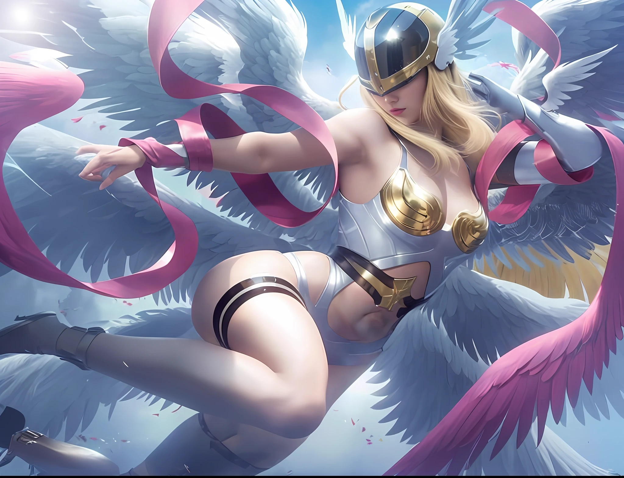 4K, sexy woman, muscular body, long hair, metallic suit, helmet on face, angel wings.