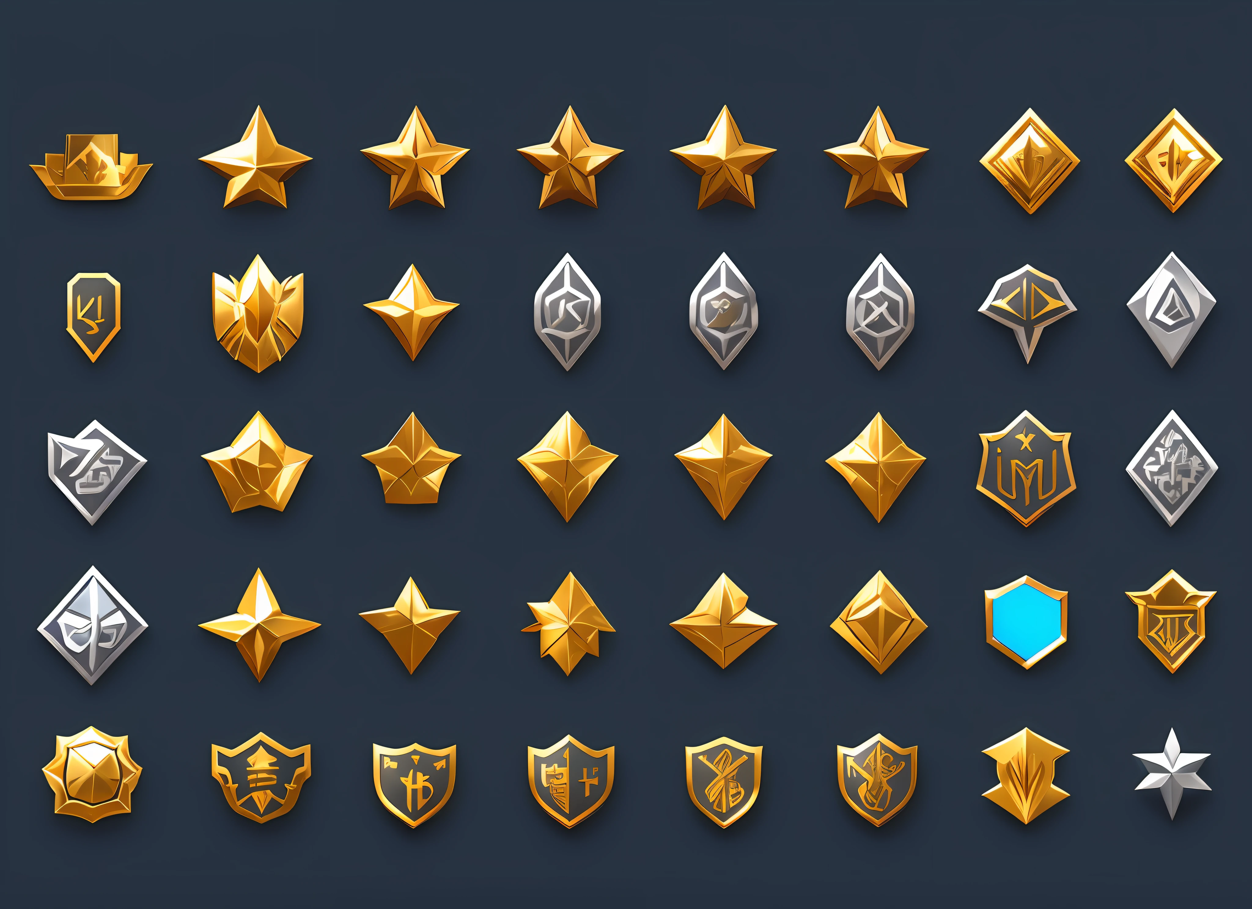 A set of flat badges in different colors, game icon assets, gold and silver shapes, game icon stylization, brave style, gold and silver elements, stylized layered shapes, military badges, game icons, Overwatch designs, game assets, medallions, holographic runes, close-ups of game design resource packs --auto --s2