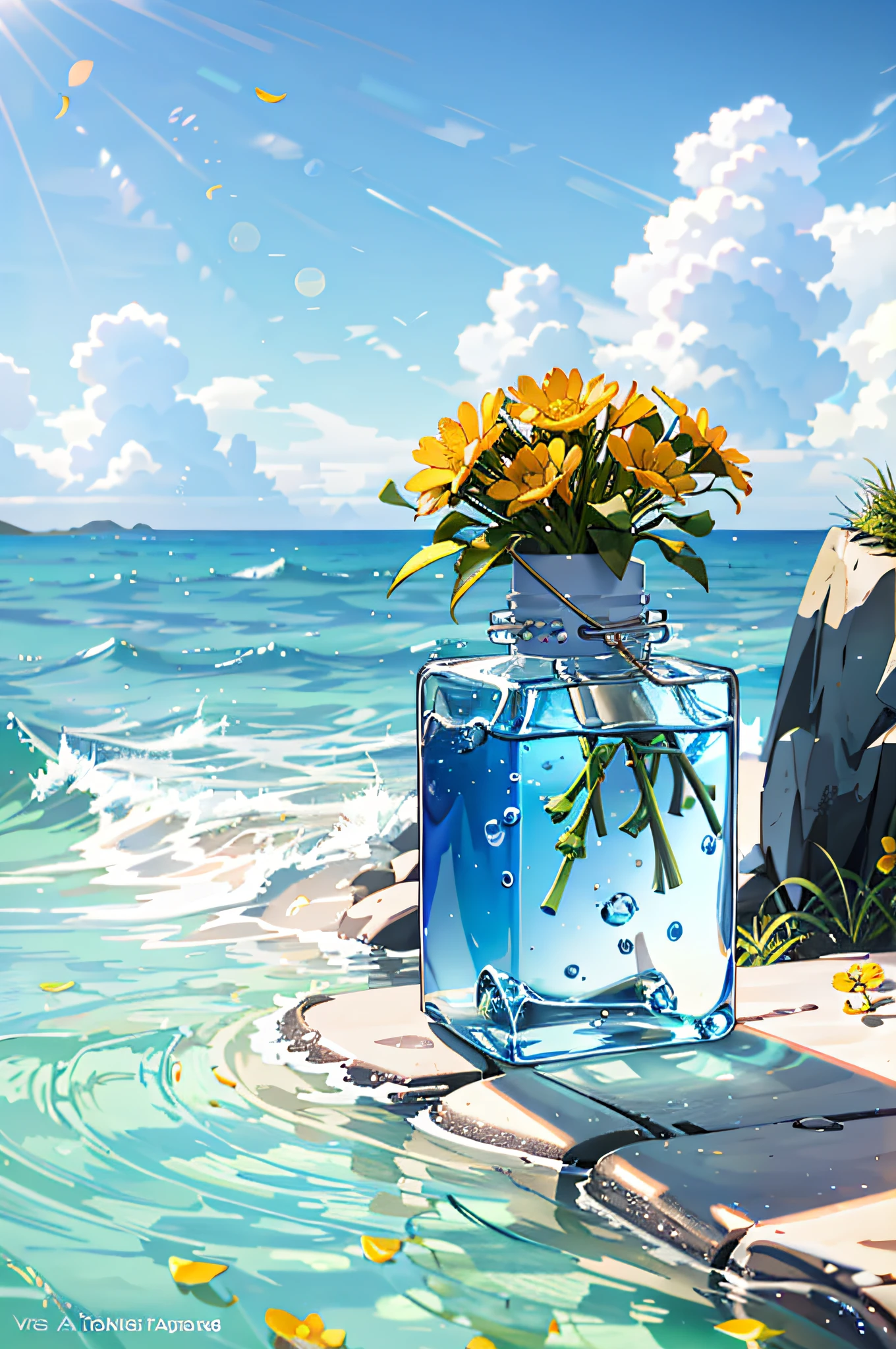 Hyper realistic scene, cosmetic bottle surrounded by yellow flowers, blue sky background, water, sunlight, low angle view, blender, product rendering, HD 8K. --v6