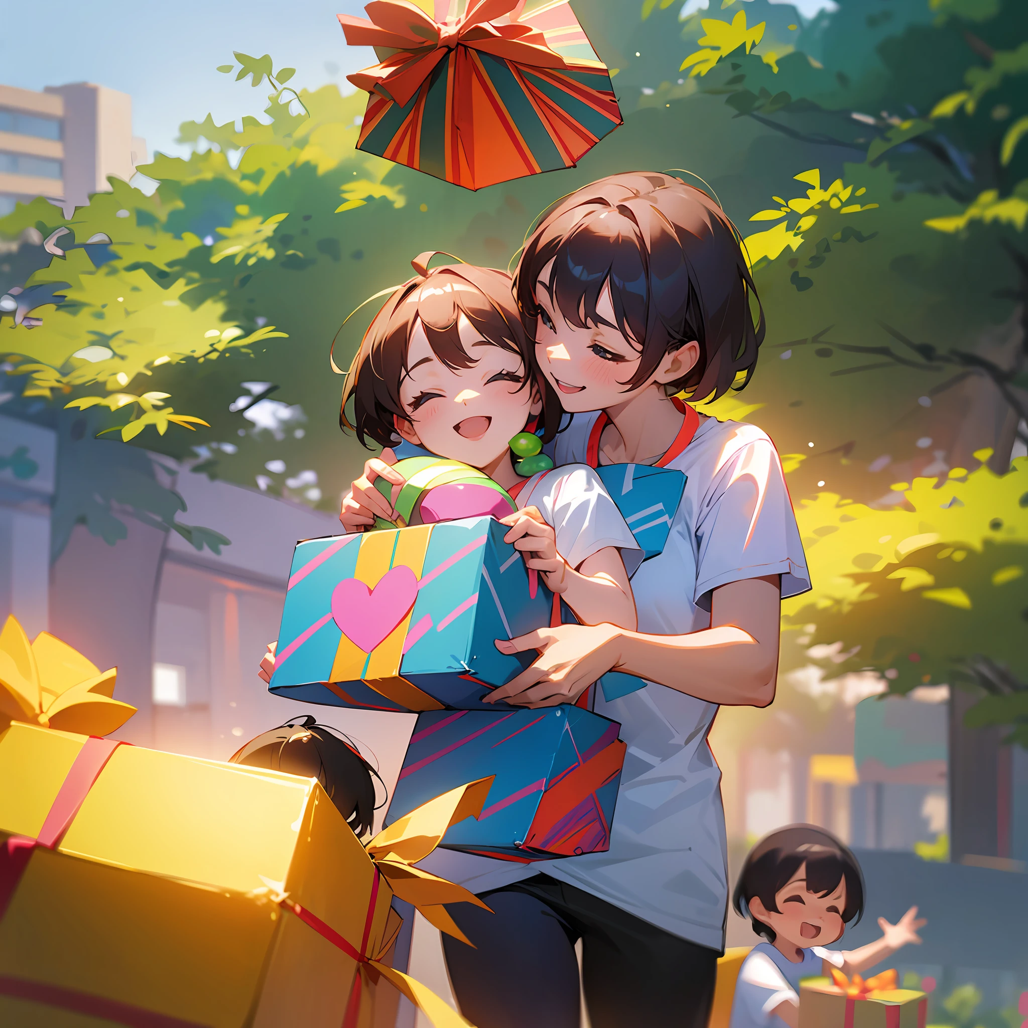 parents give gifts to their children, happiness, park, bright colors, sunlight, cheerfulness, 4k --auto --s2